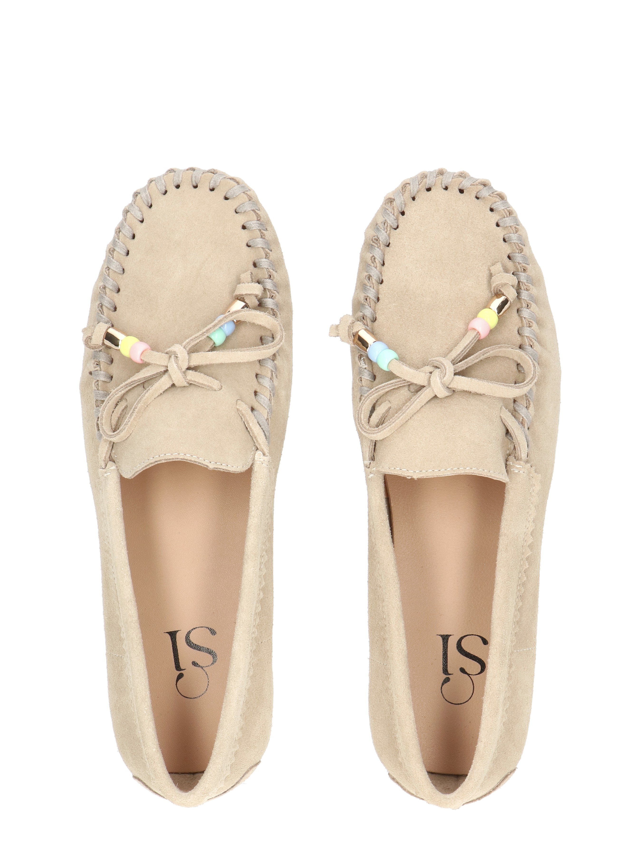 loafers, moccasins, beige, bead-embellished, pink-blue-yellow beads