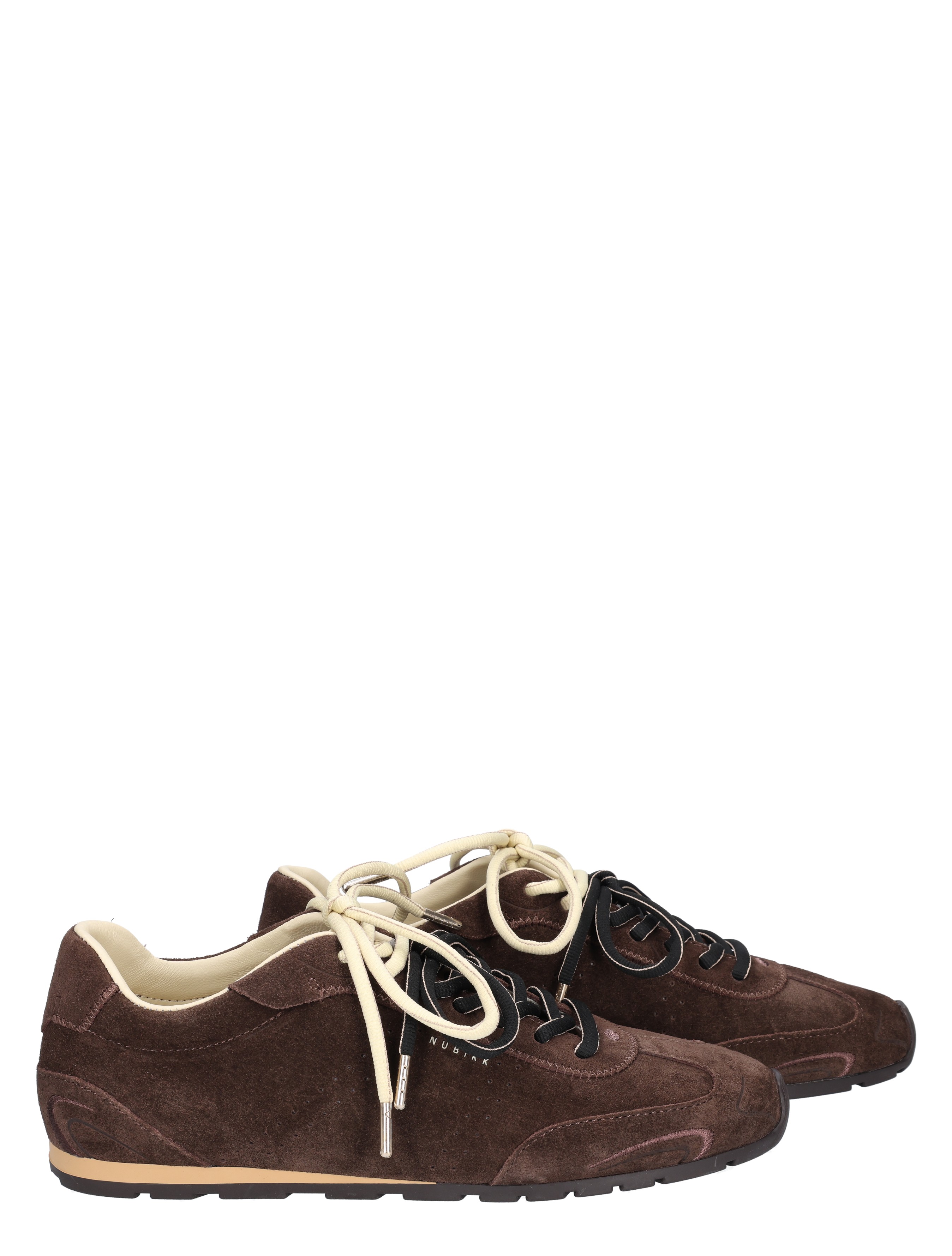 sneaker, bruine sneaker, suede, witte veter, platform/laag model