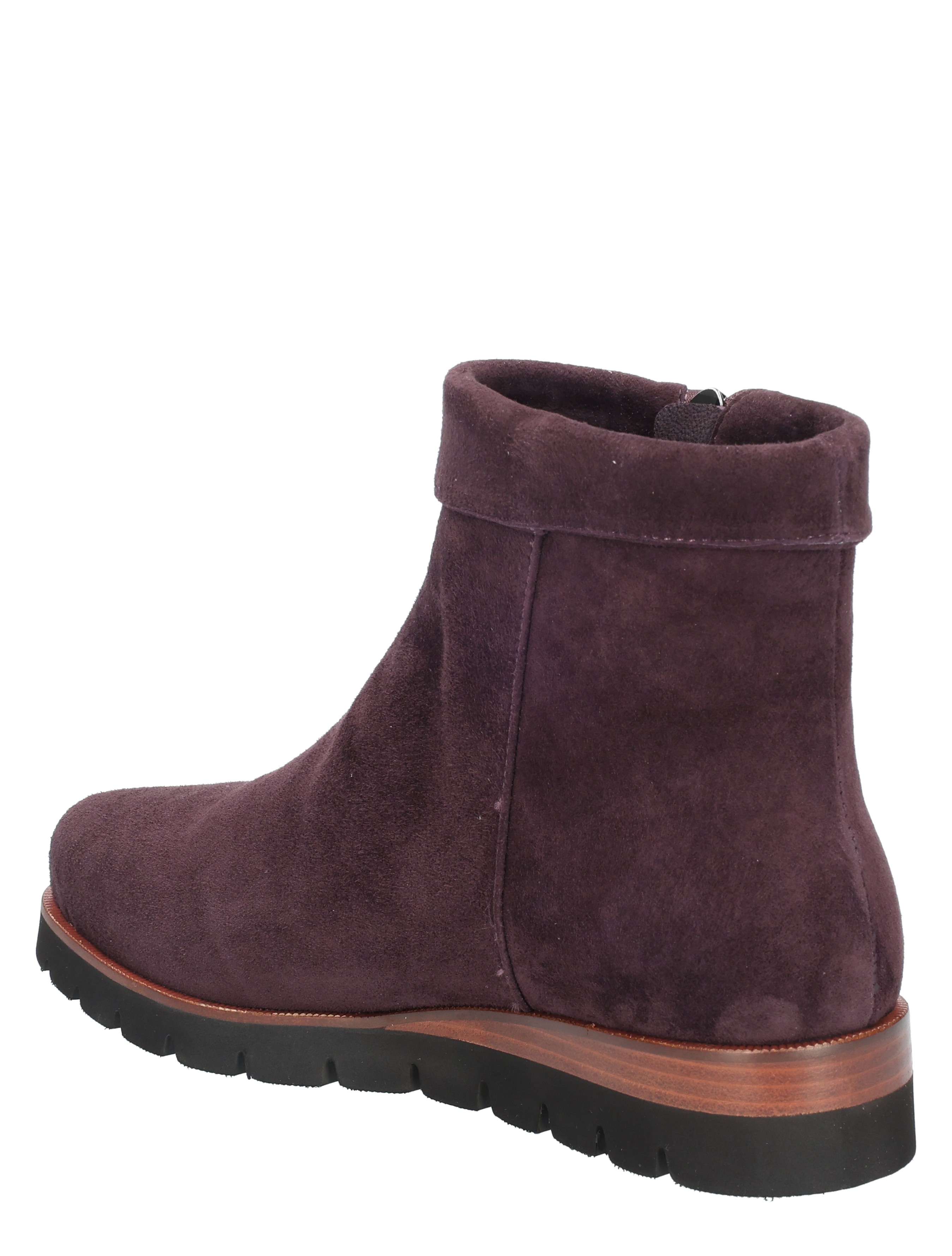 ankle boot, suede, purple, mid heel, rubber sole