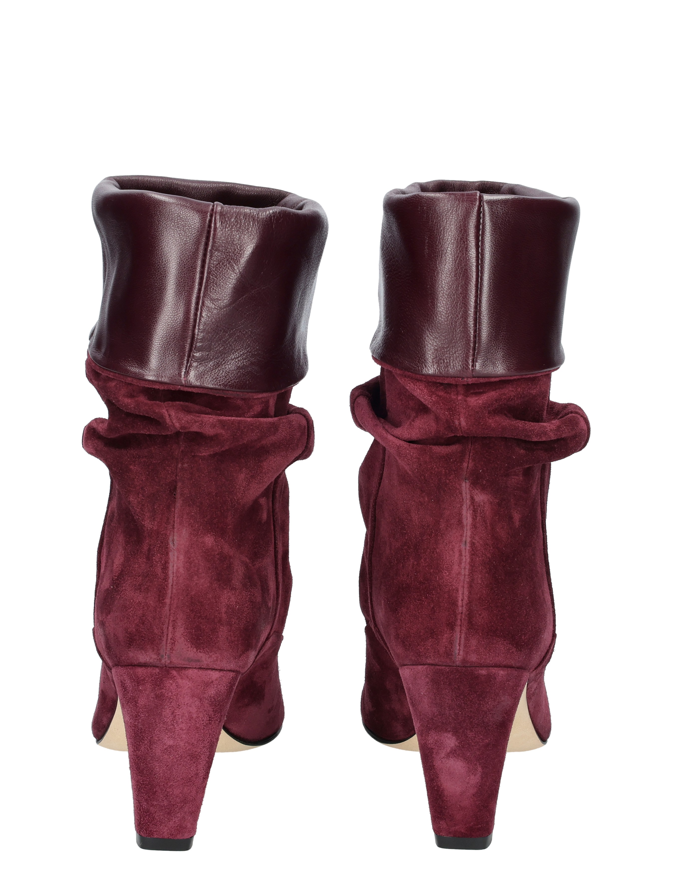 paarse leren laarzen, suede laarsen, klinkende hak, klittenband/riemdetail, kuithoogte