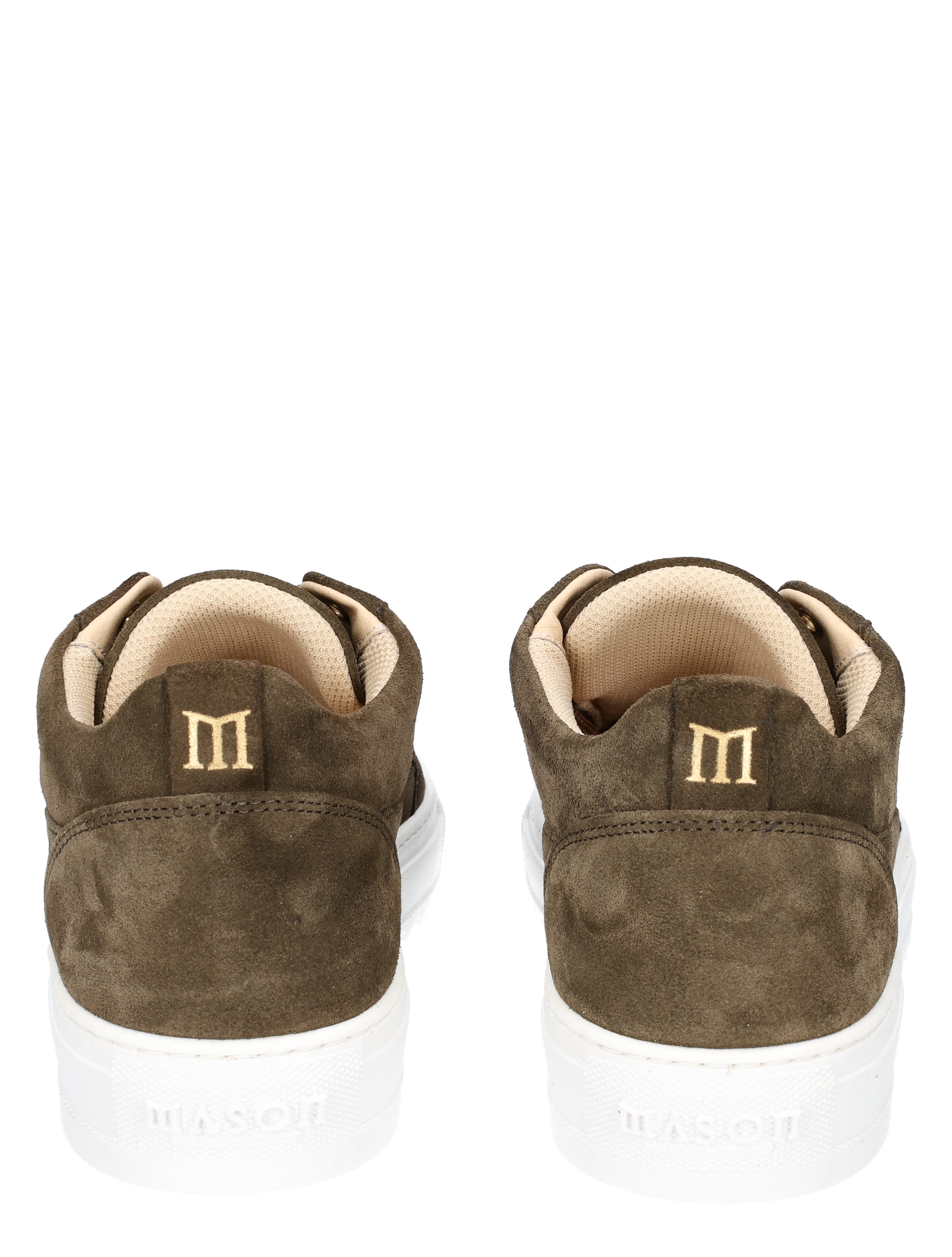 sneaker, suede, brown, white sole, back view