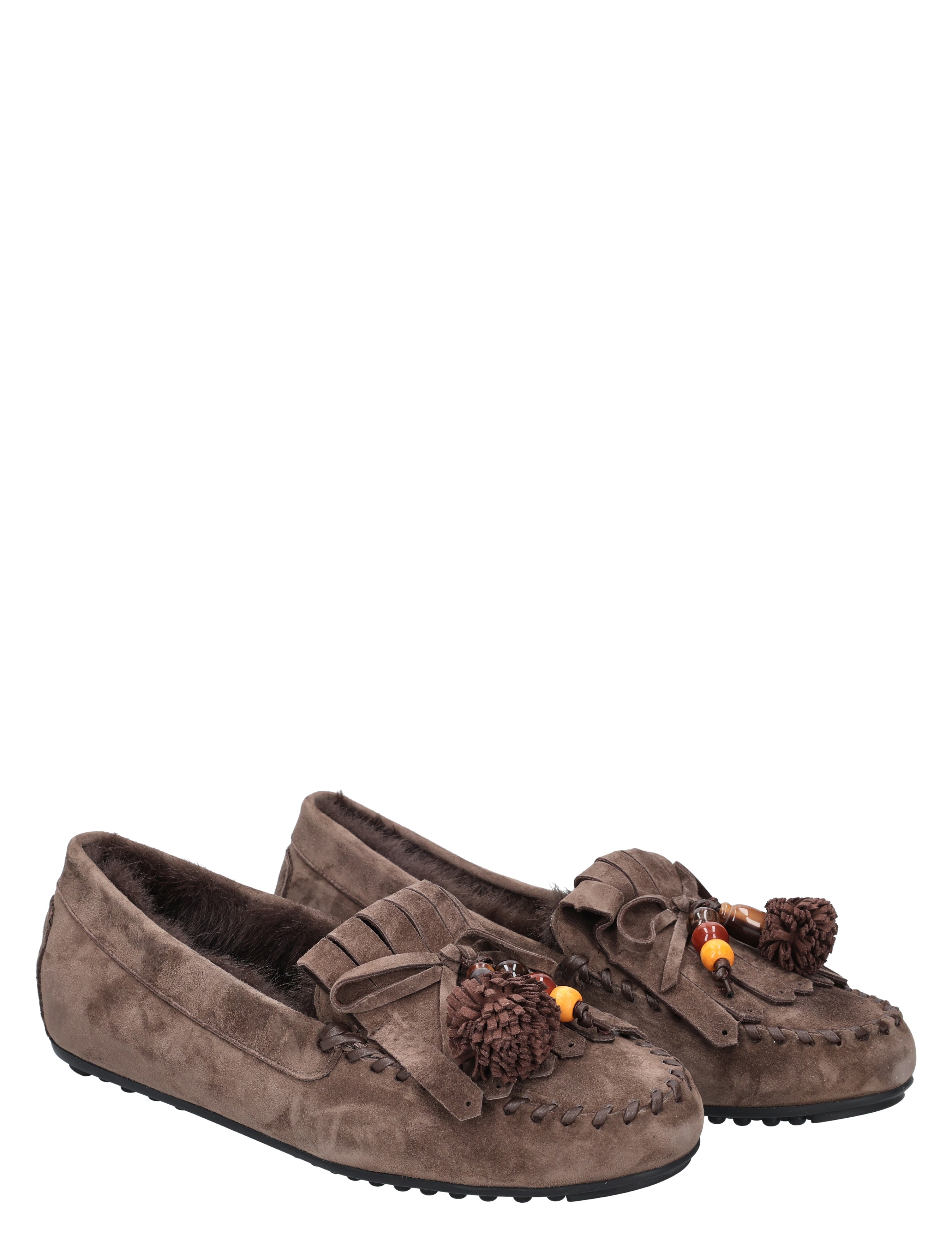 slippers, slip onschoenen, suede, bontkraag, tassel-pompon