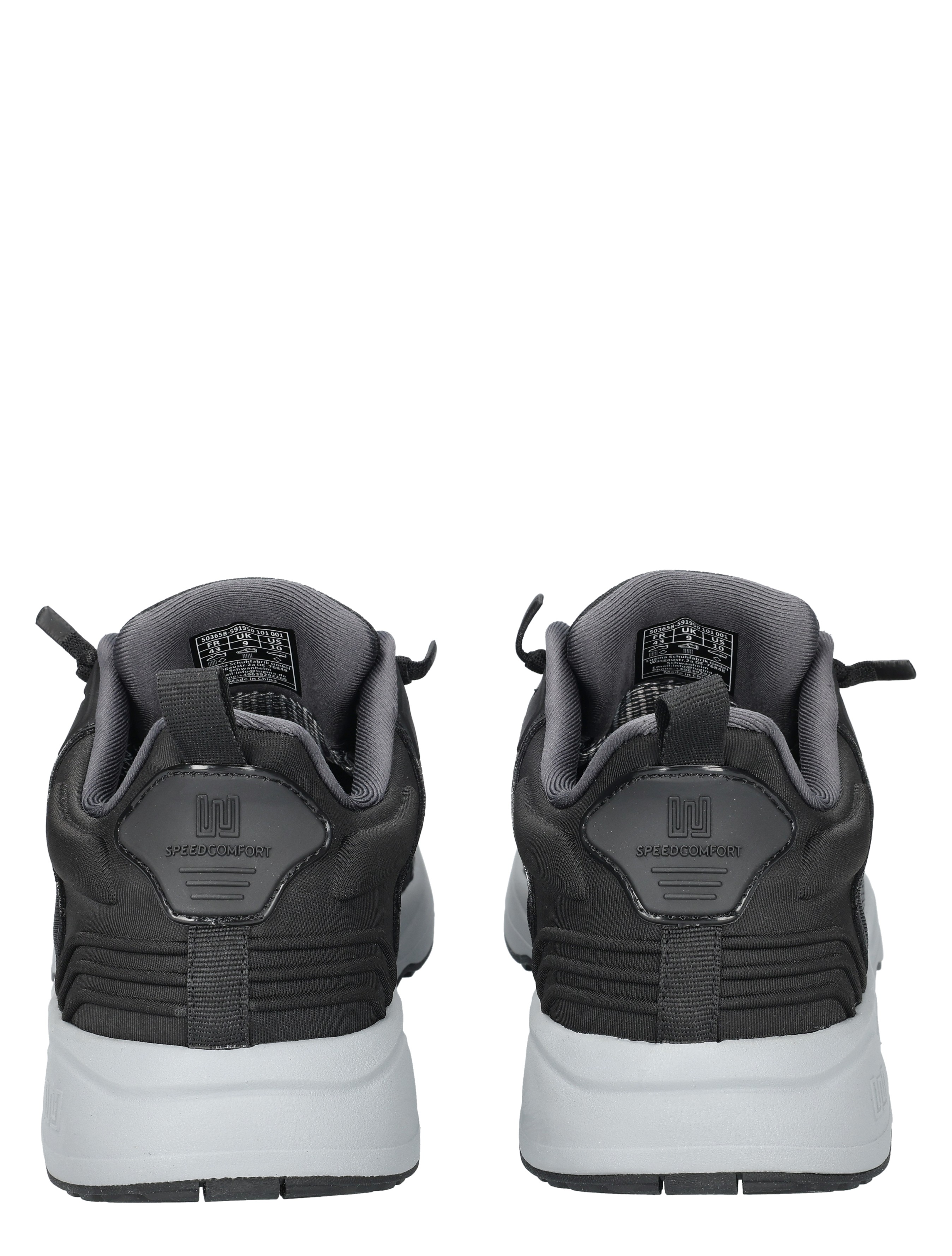 sneakers, zwart, grijze zool, achterkant, terugtrekkoord