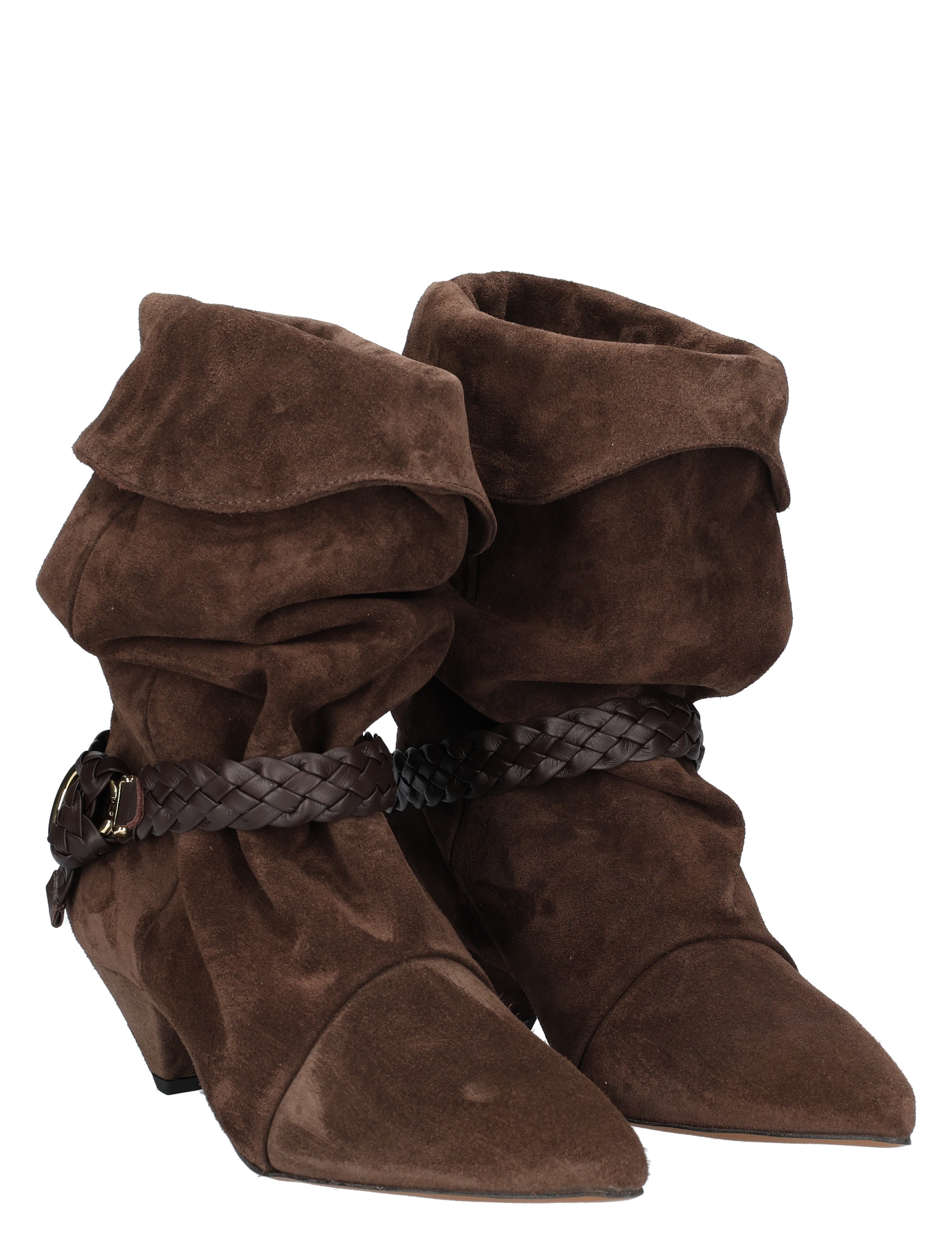 suede boots, ankle boots, brown, folded cuff, braided strap