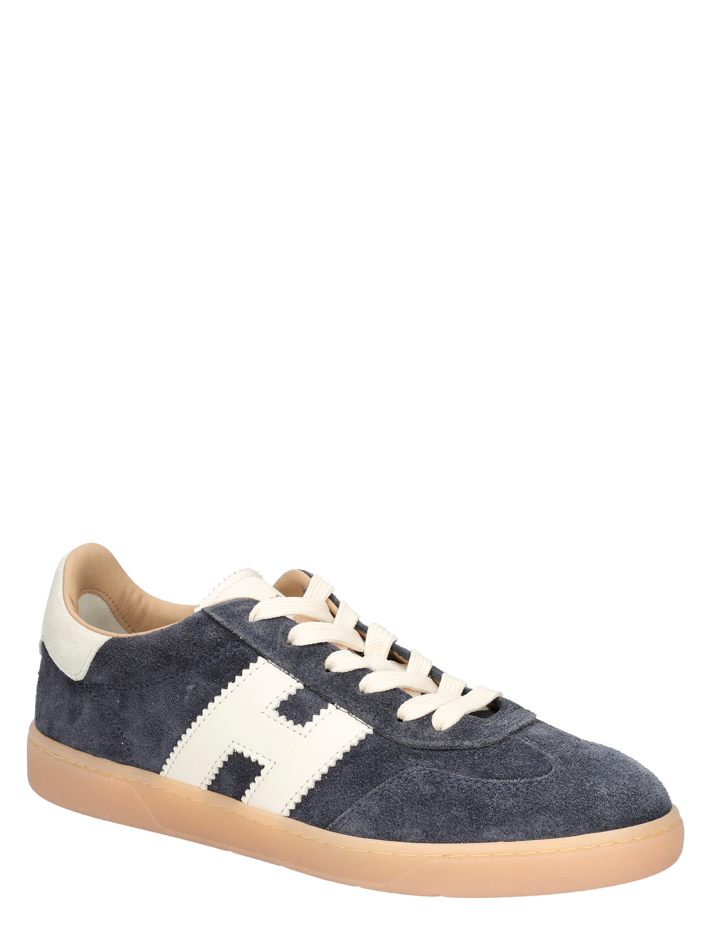 sneaker, suede, donkerblauw, witte details, gumzool