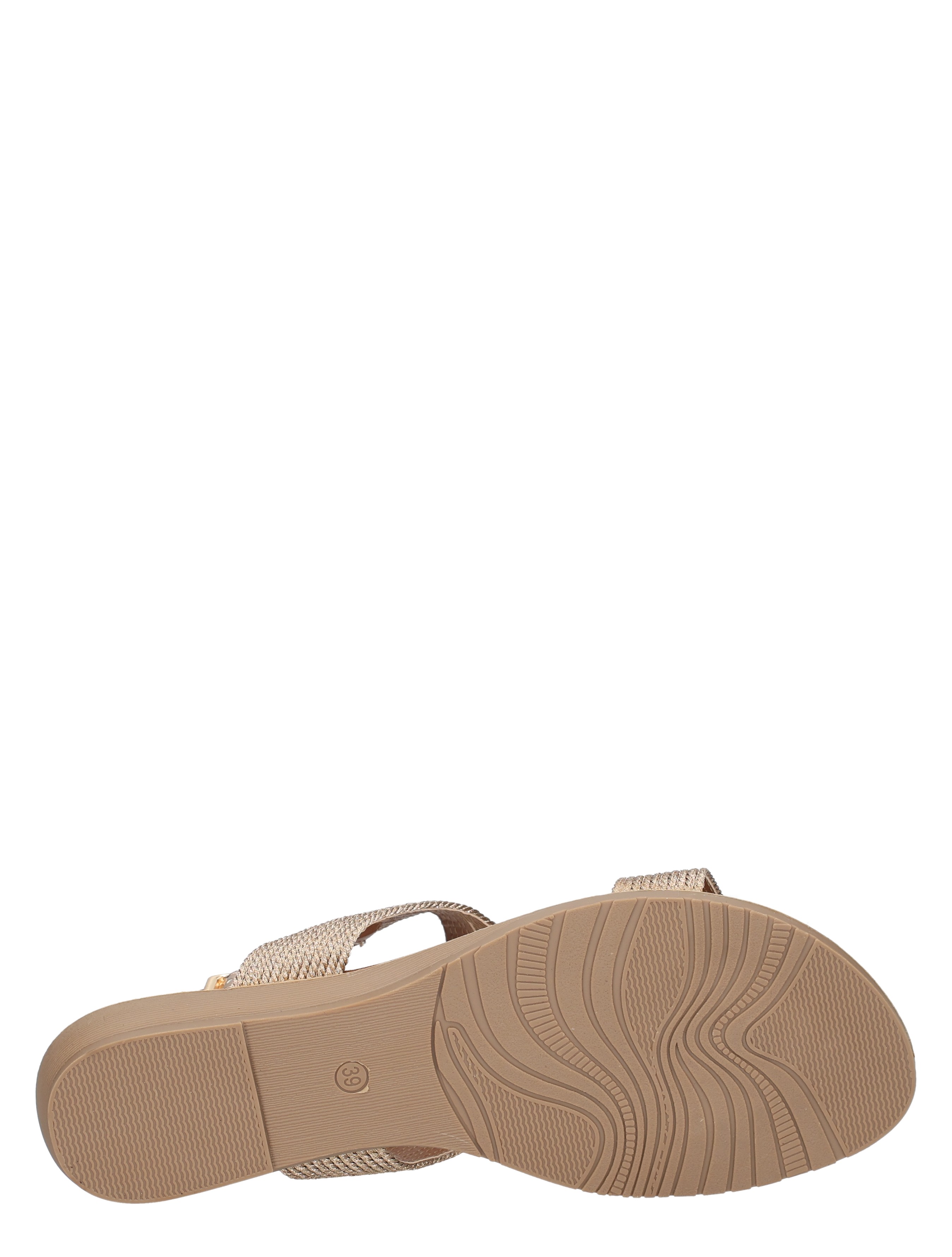 sandalen, zandkleur, wafelriemen, platvoetbed, slip-on