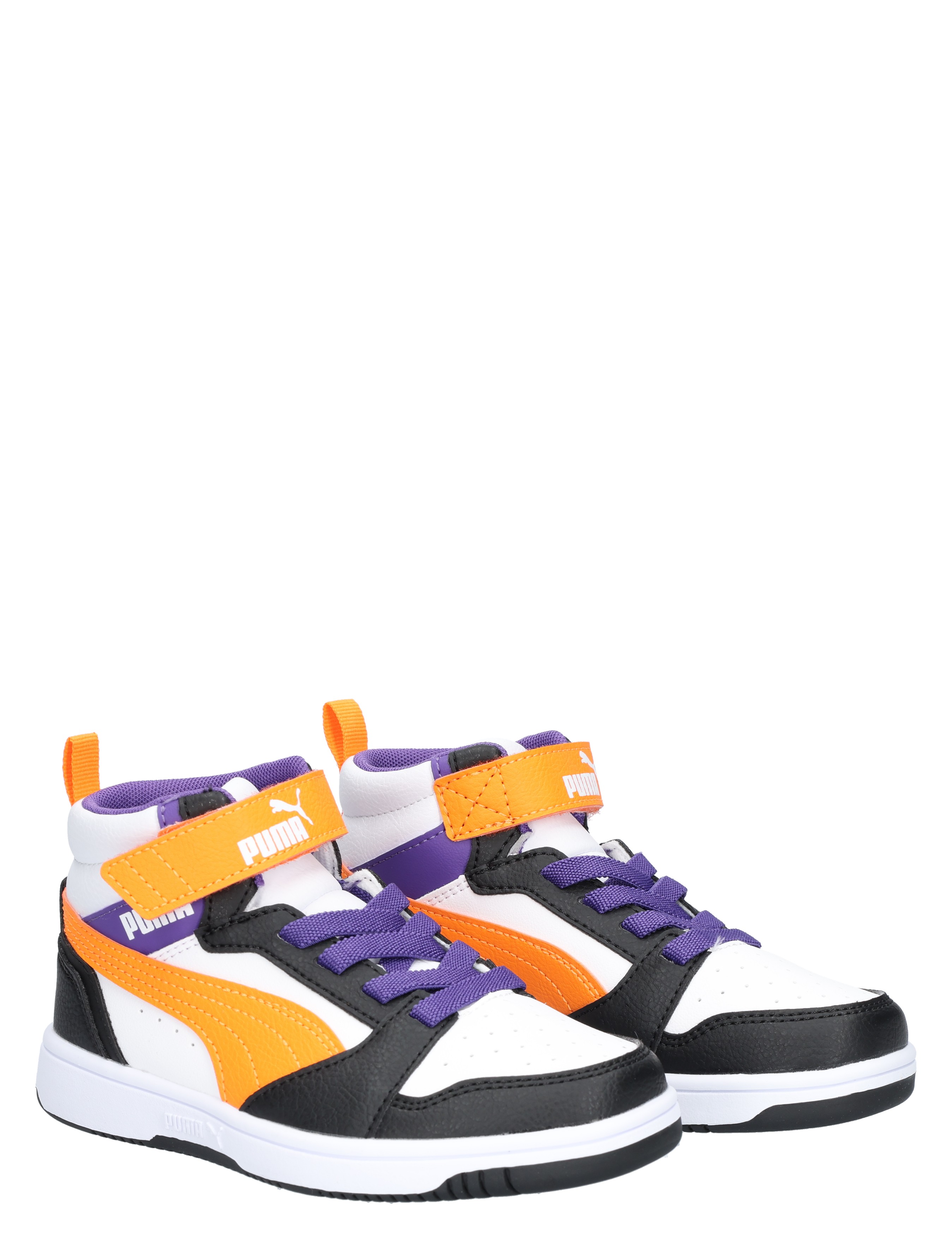 Puma - Rebound V6 Mid Velcro 34 White Orange Black - Meisjes - Lage Sneakers - Sneakers - 48077_84_5