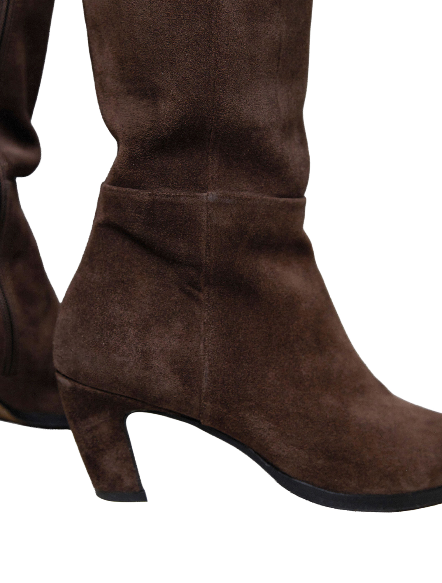 bruine suede, laars, enkellengte, kuitversiering, hak 5 cm
