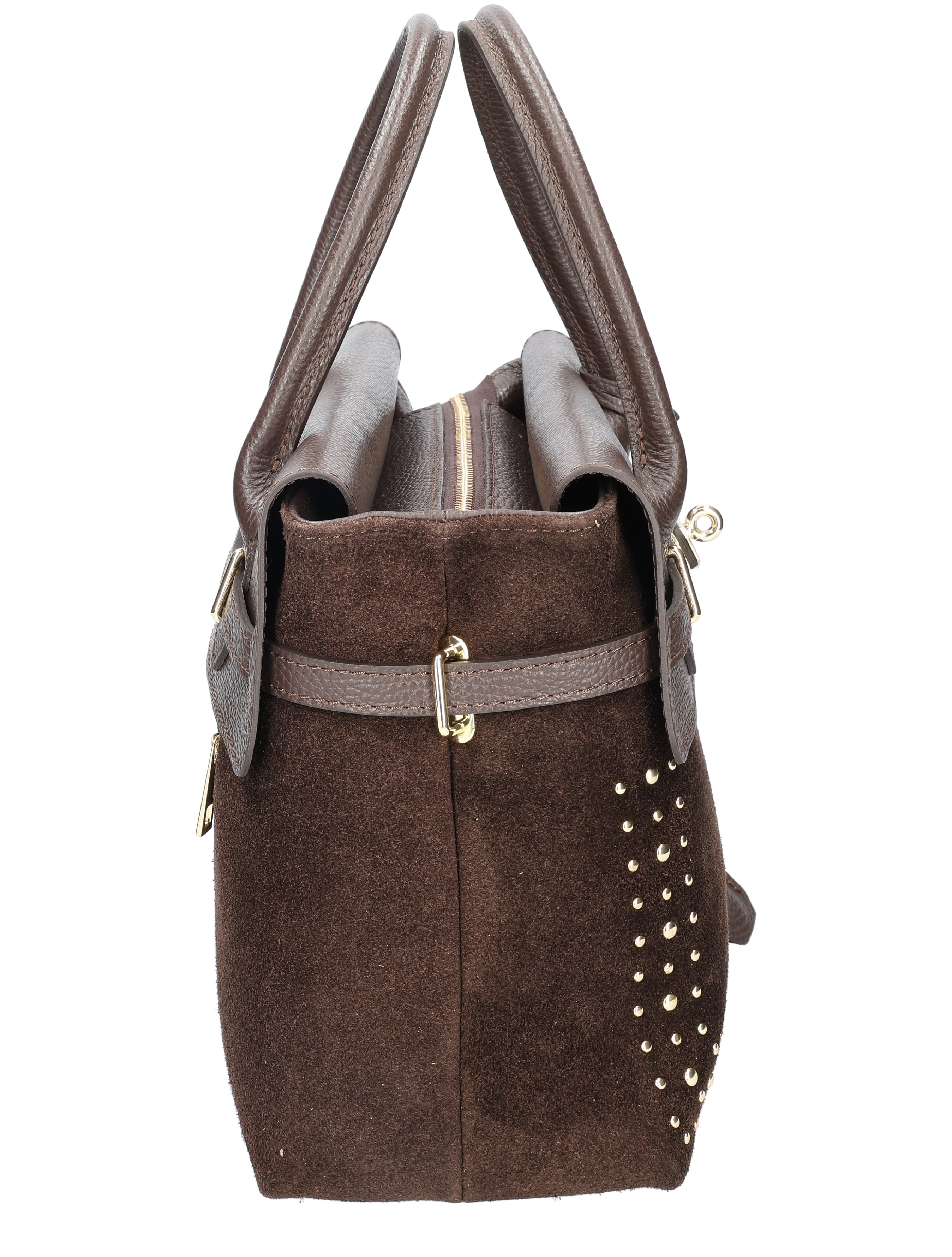 handtas, bruine tas, suede, studs, ritsband