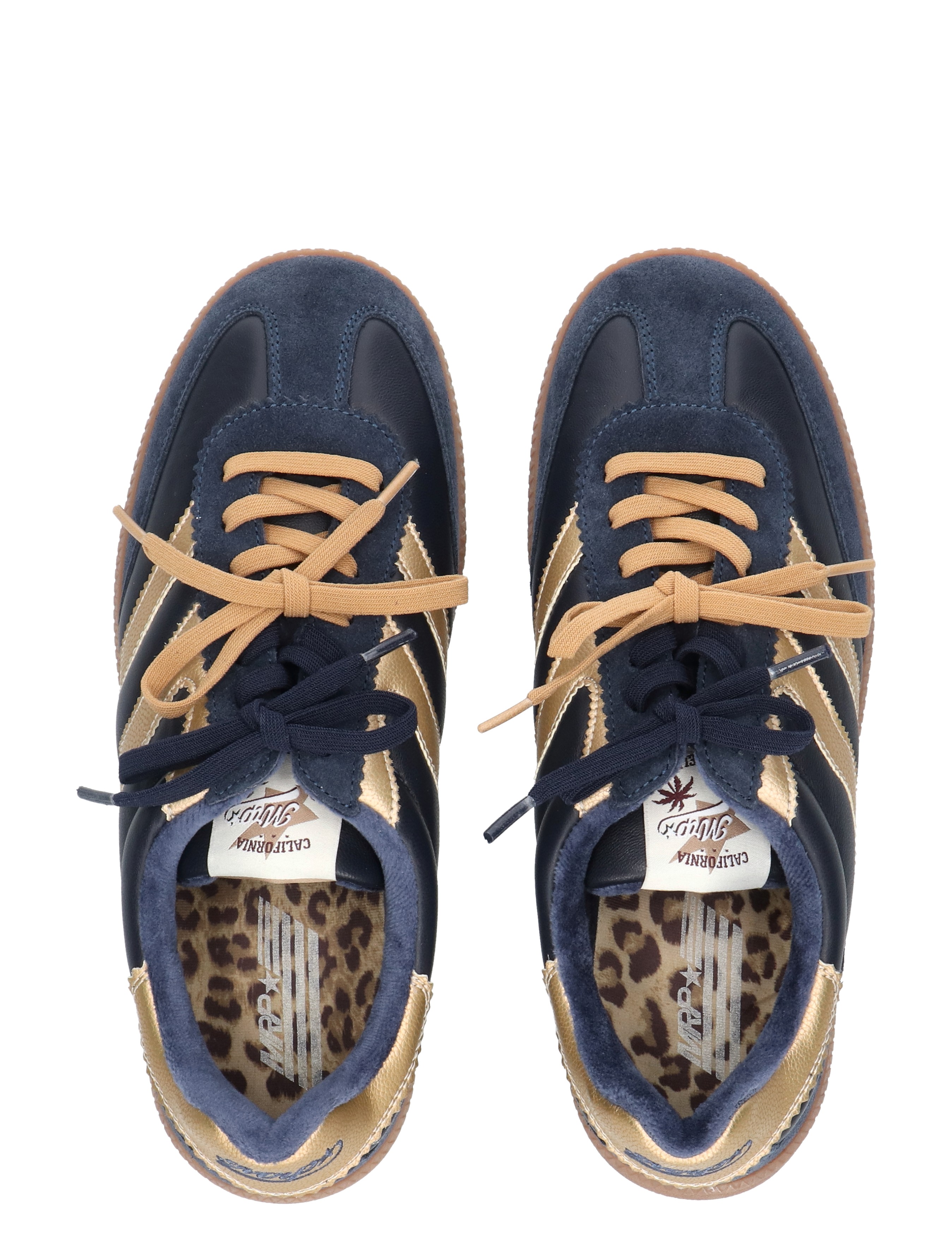 sneaker, leder, blauw, goud, leopard-voering
