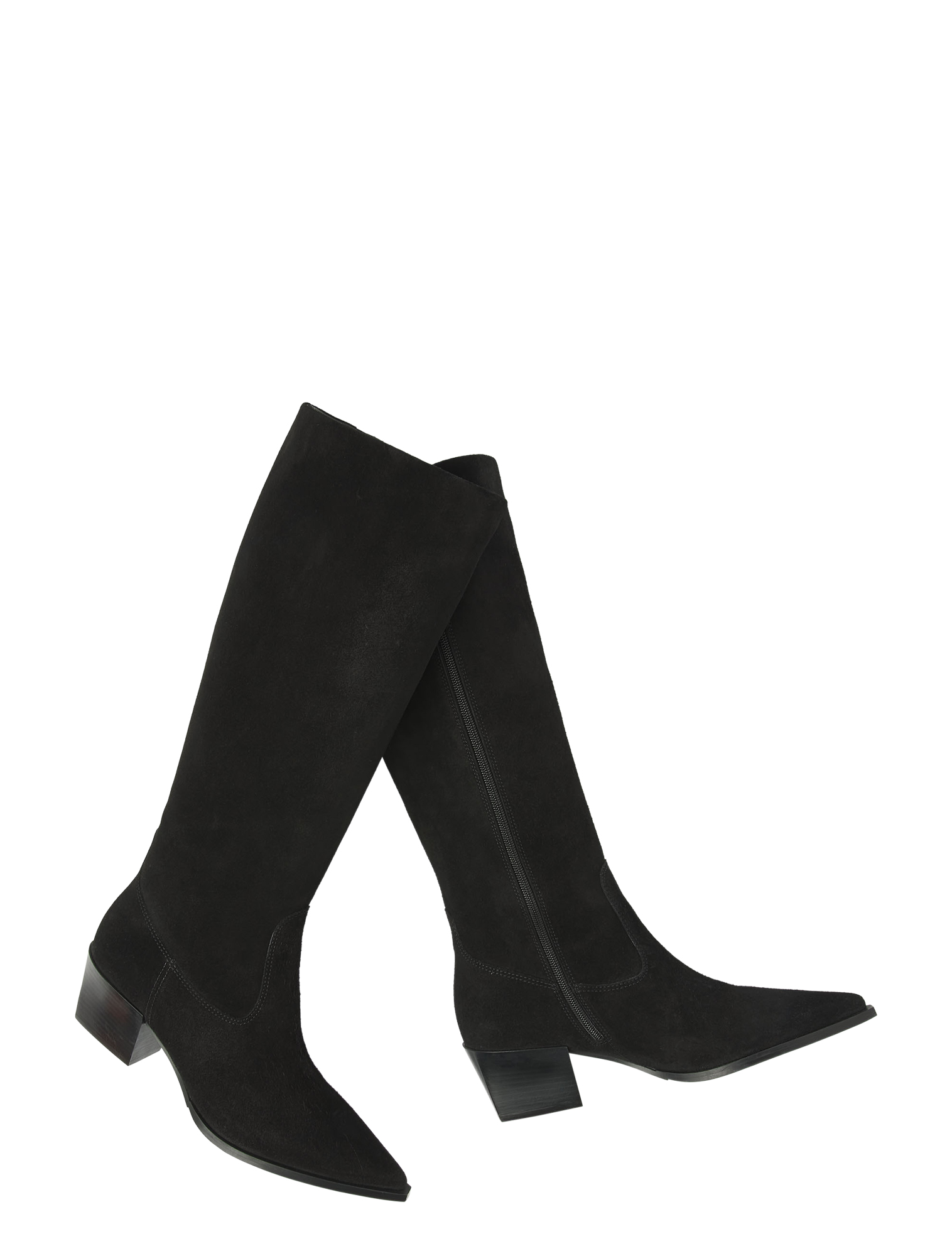 laarzen, kniehoge, zwarte suede, rits, laarsblokhak