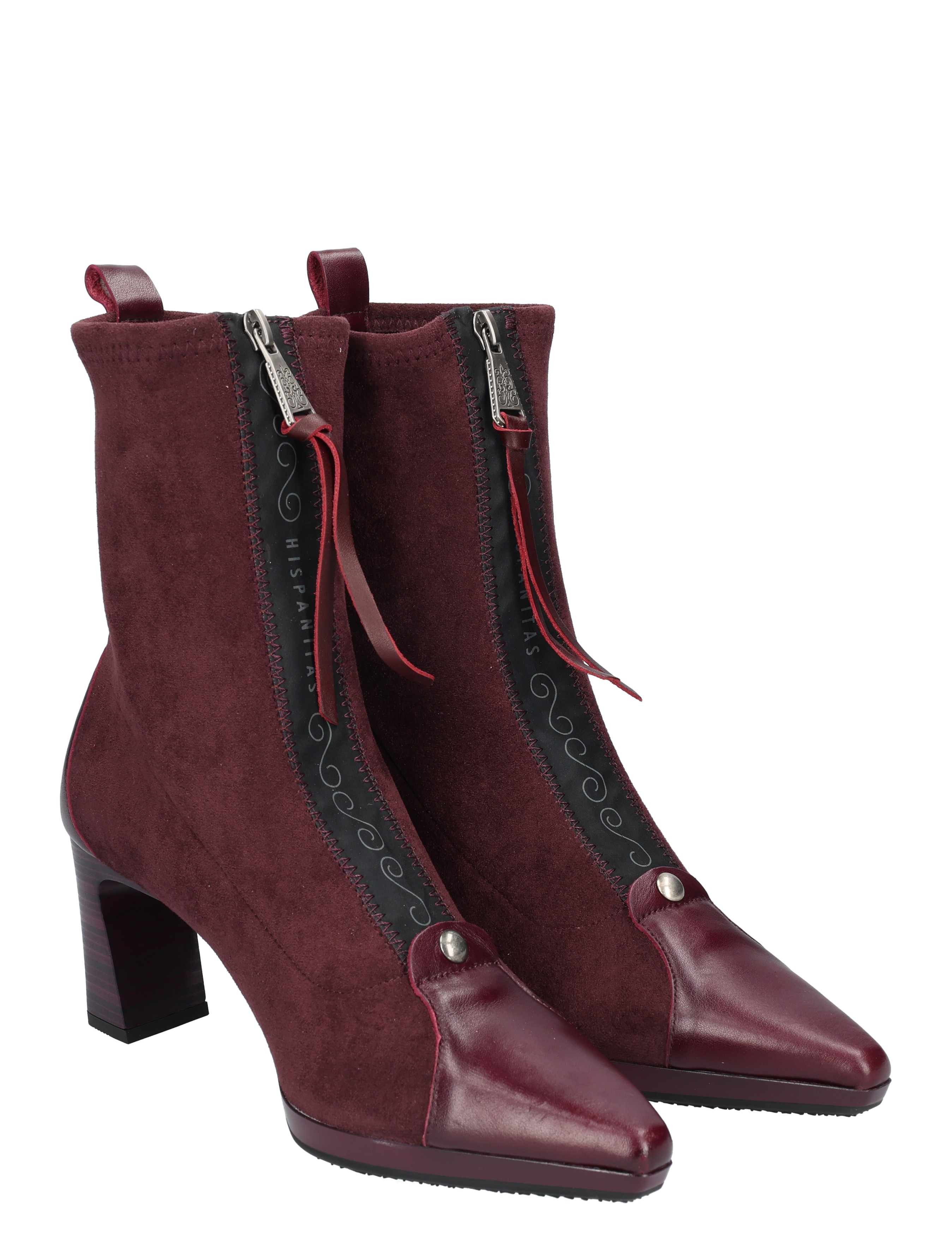 enkellaars, burgundy, suede, zwarte rits, hak 5 cm
