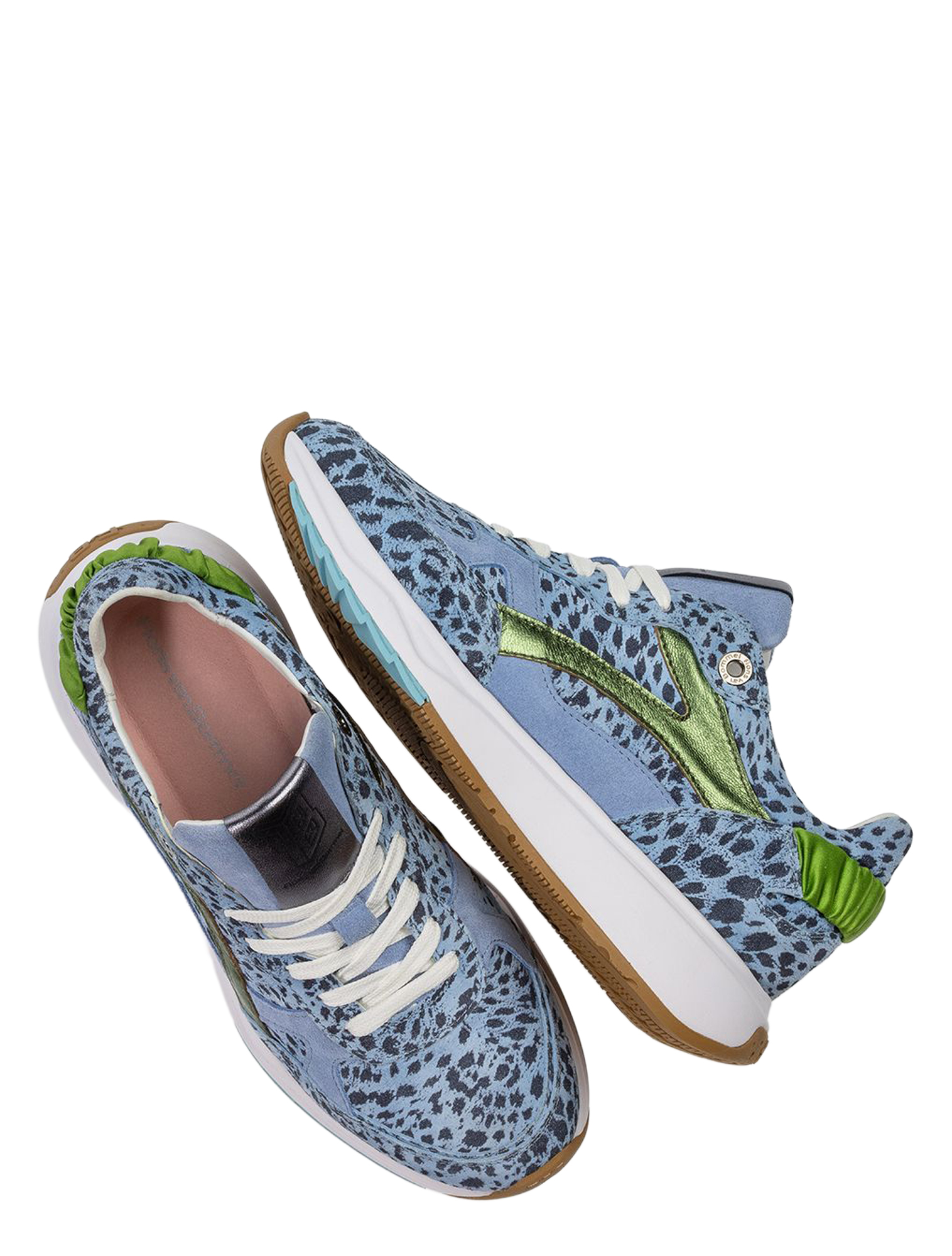 sneakers, leopard print, blauw, mesh, veters