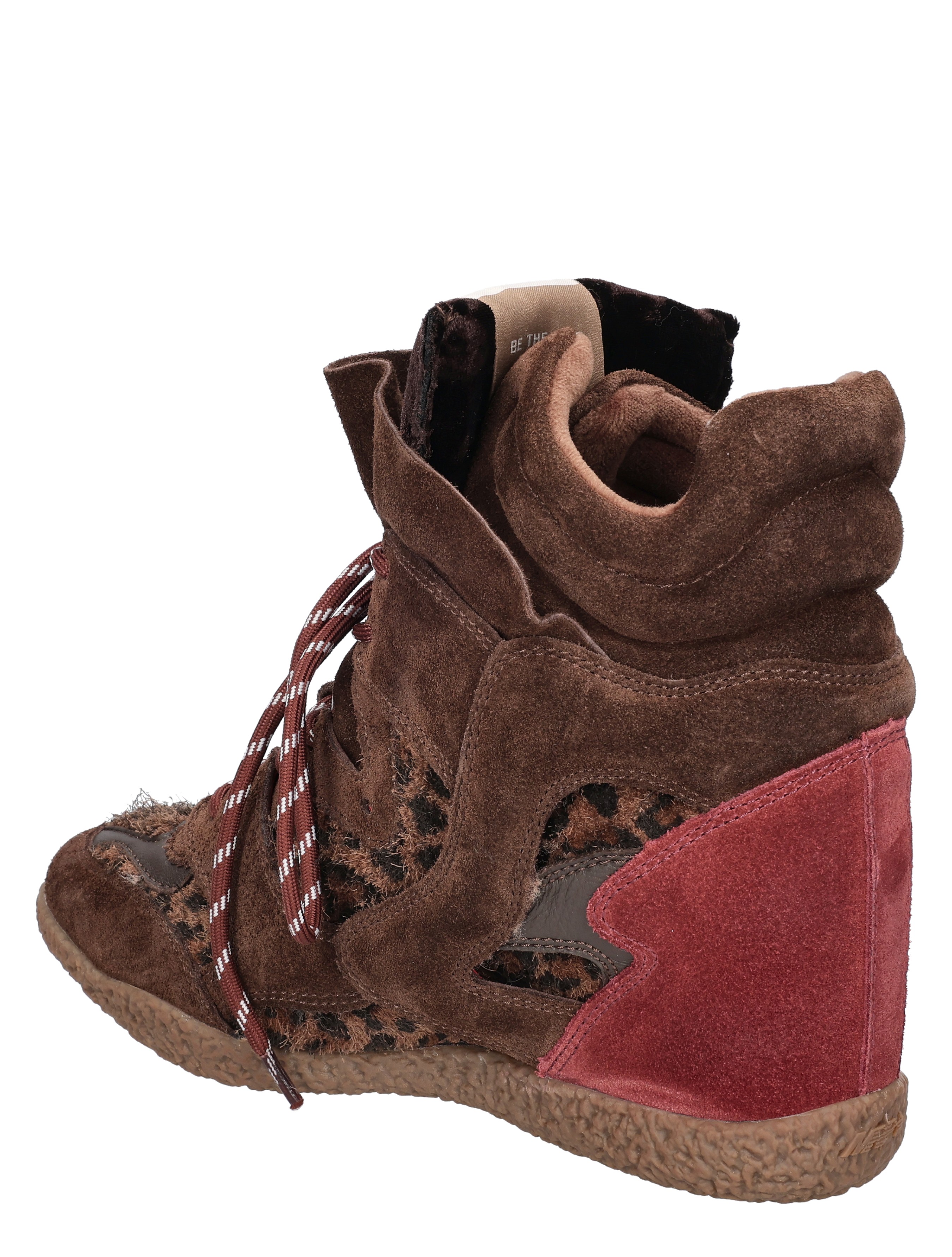 boots, brown suede, high-top, red heel panel, leopard print, corduroy laces
