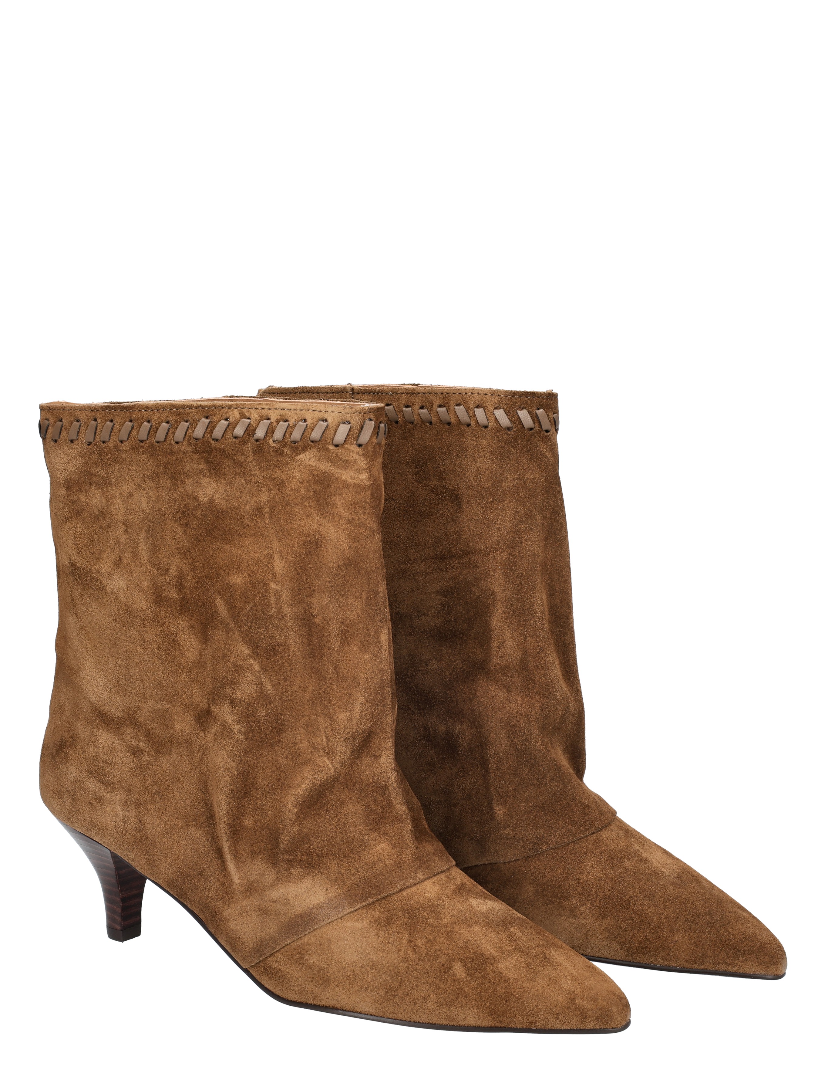 ankle boots, brown suede, stitching detail, cone heel, pair
