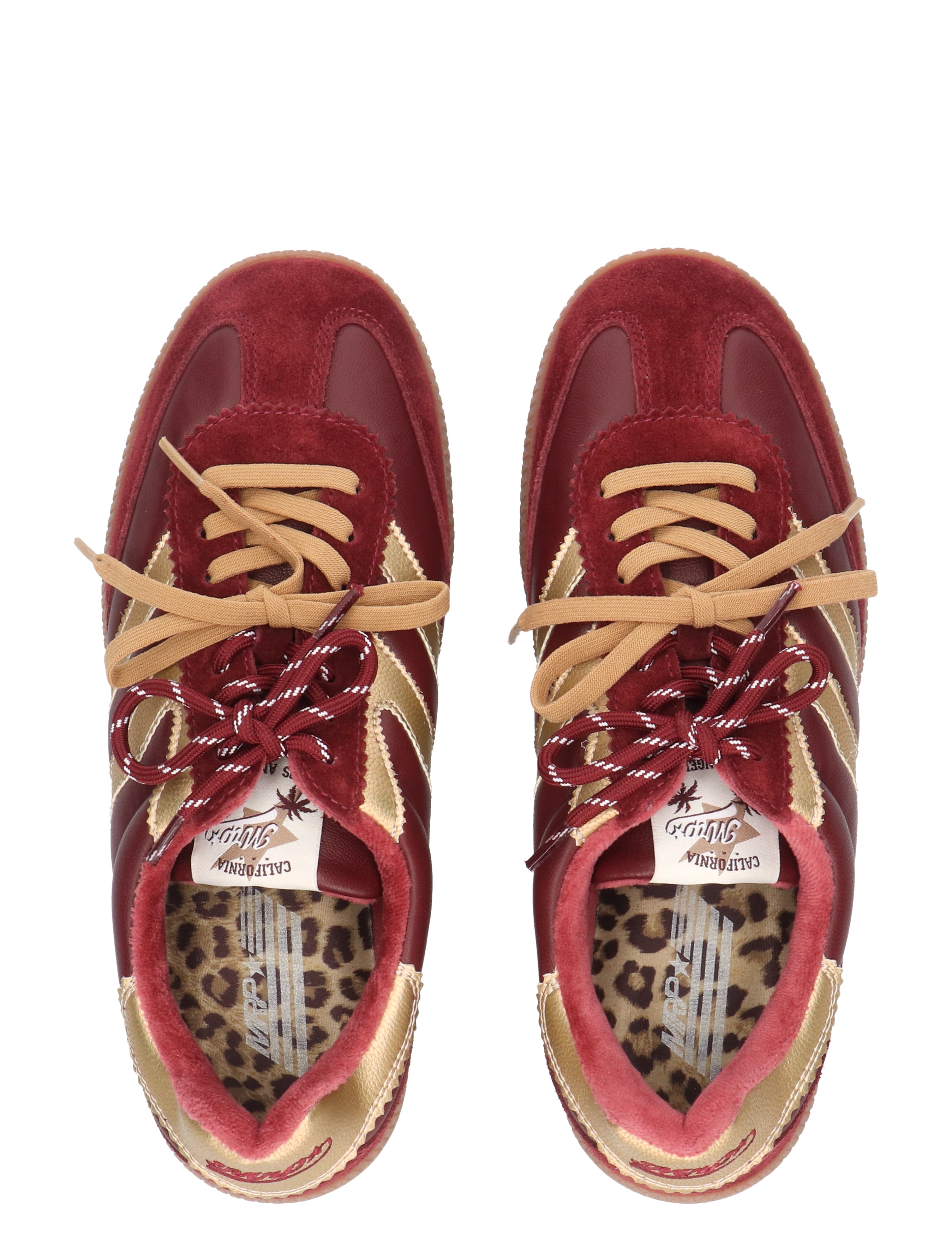 sneakers, rood, suede, metallic-goud, leopard-voering