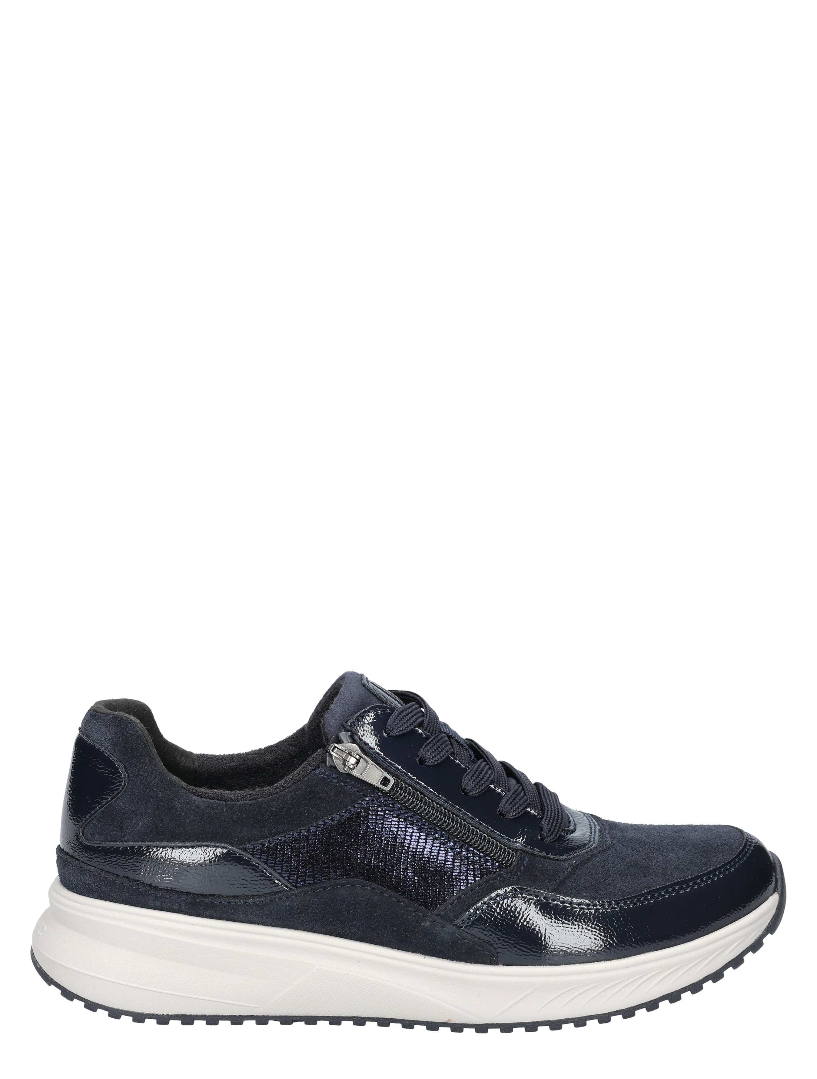 sneaker, donkerblauw, zwarte details, zilver rits, rubberzool