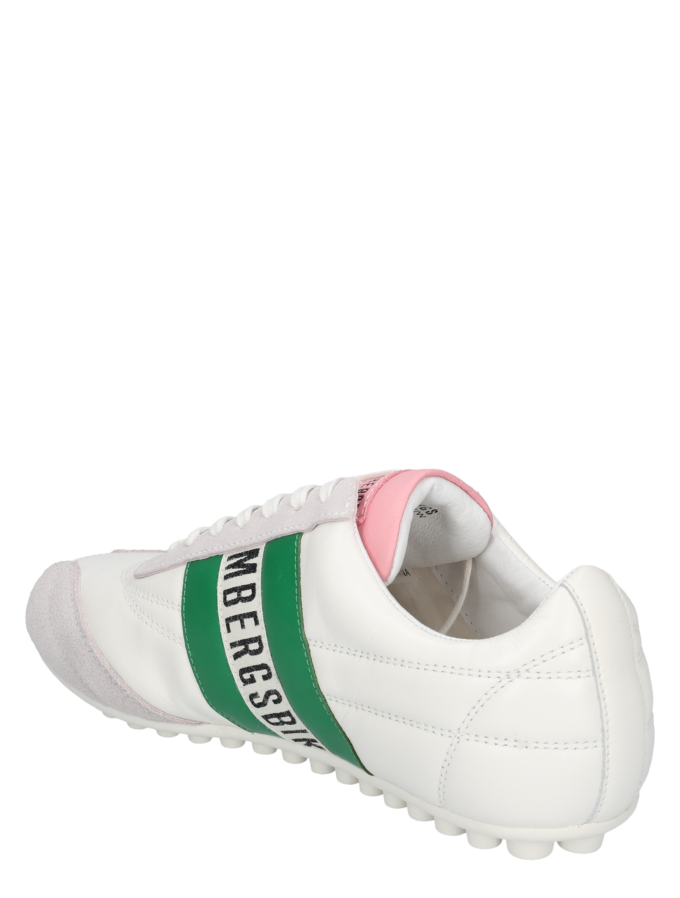 witte schoen, sneaker, groene band, roze detail, voetteil band