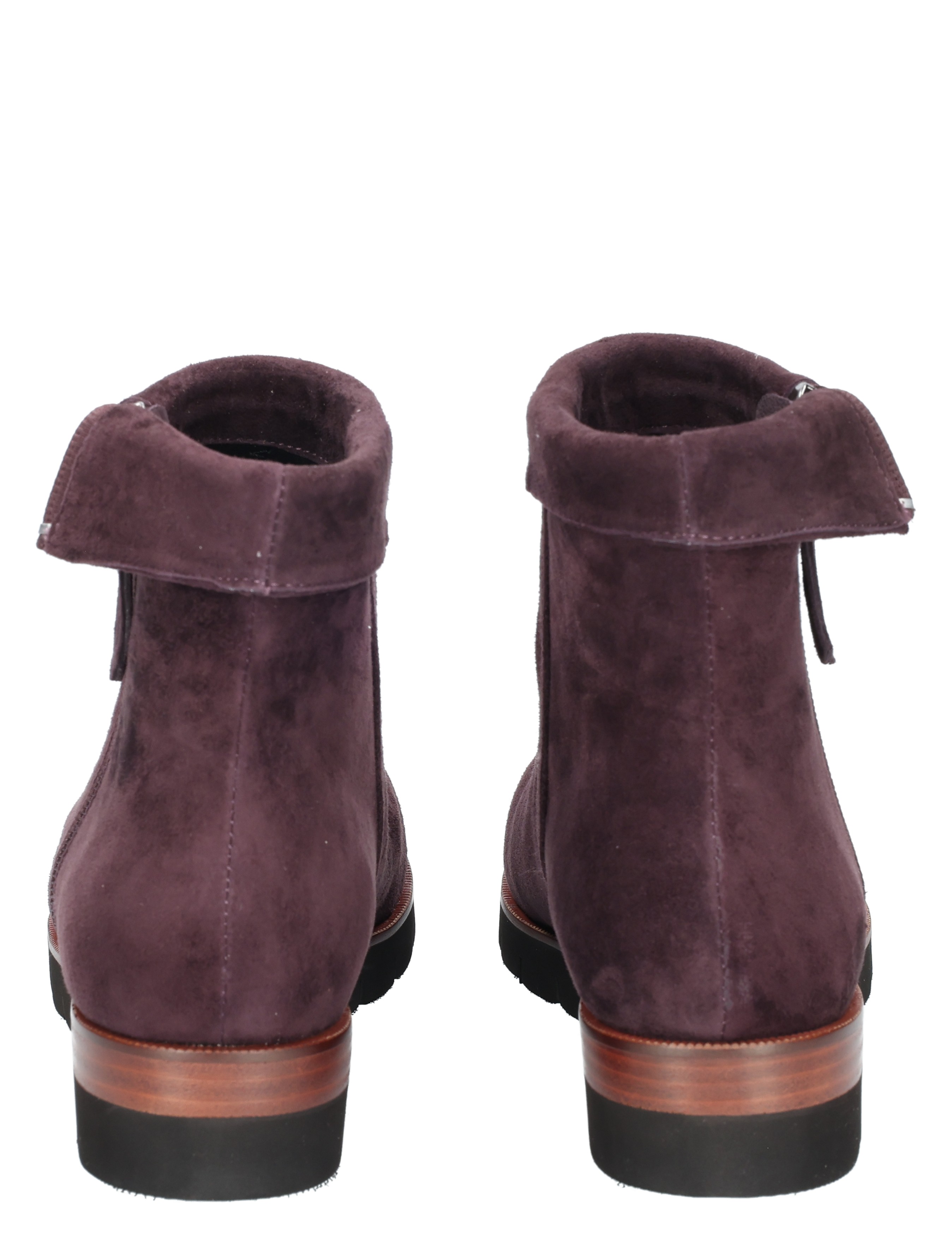 ankle boots, paars suède, vouwdekraag, gestreepte hak, zwarte zool