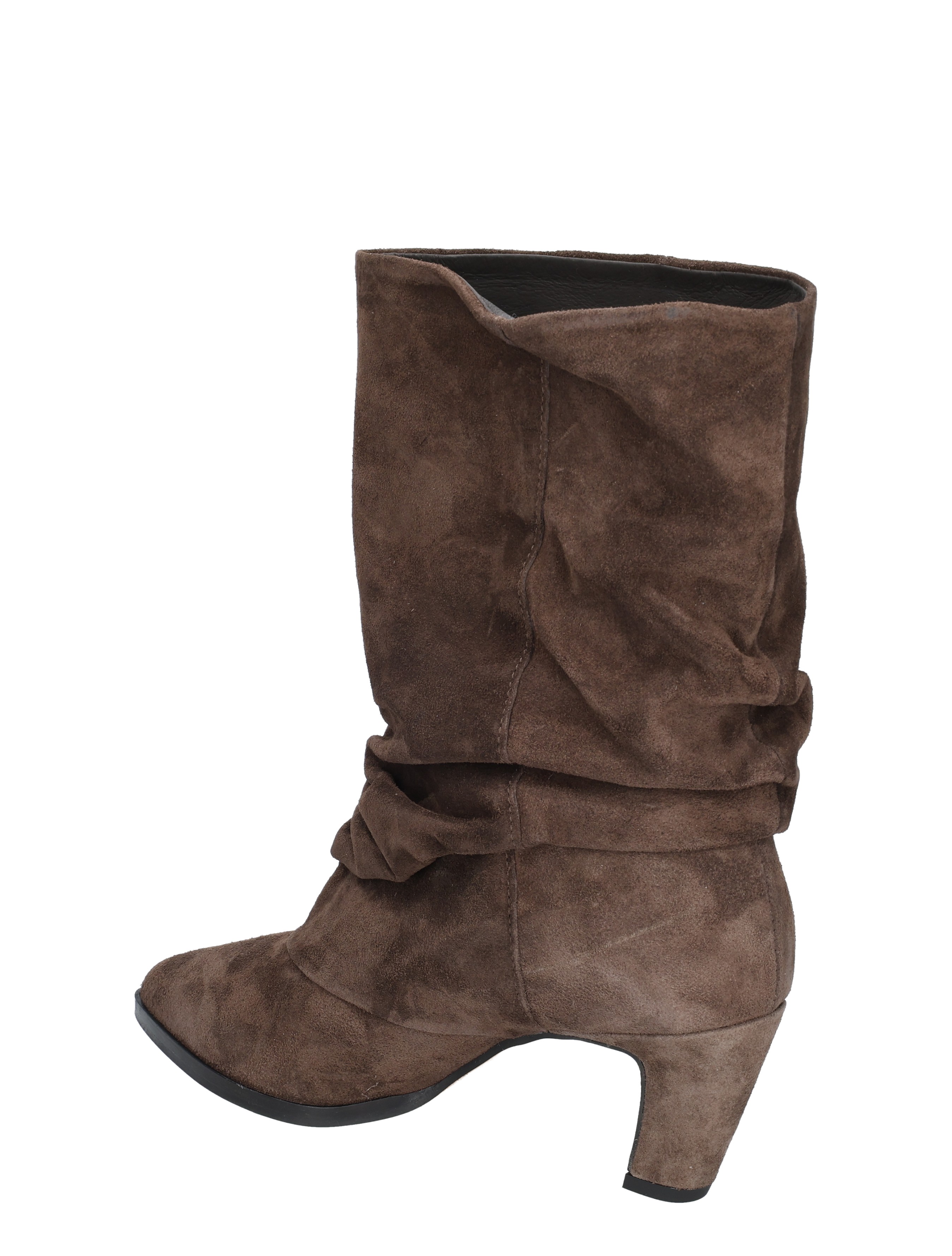 bruine suede, knielaars, middelhoge hak, boot met hak, slouchy suede boot