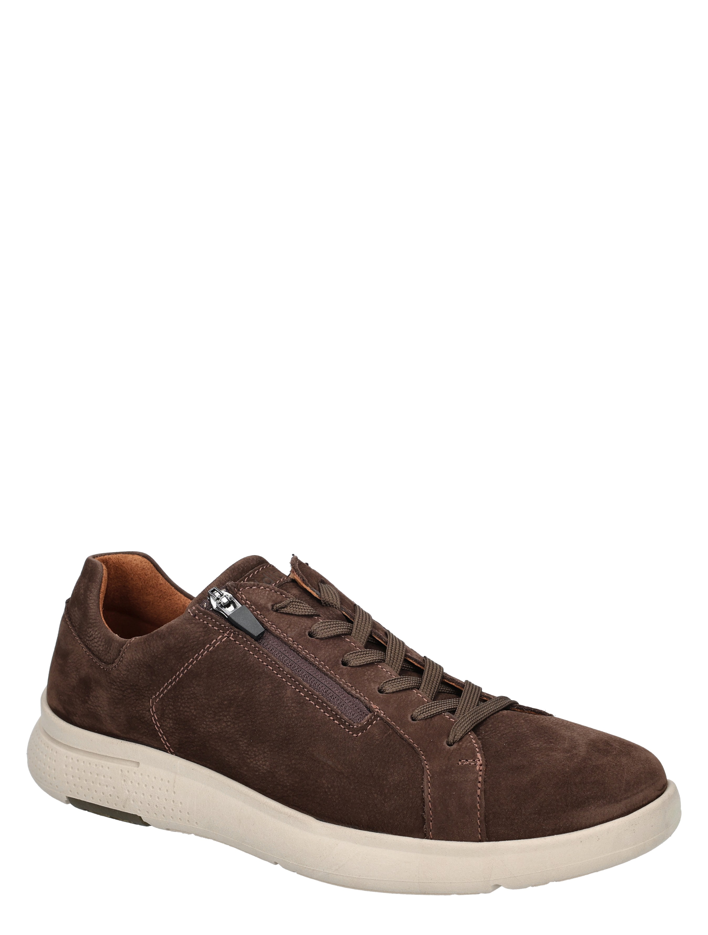 bruine sneaker, suede, casual schoen, veter, zool met rits