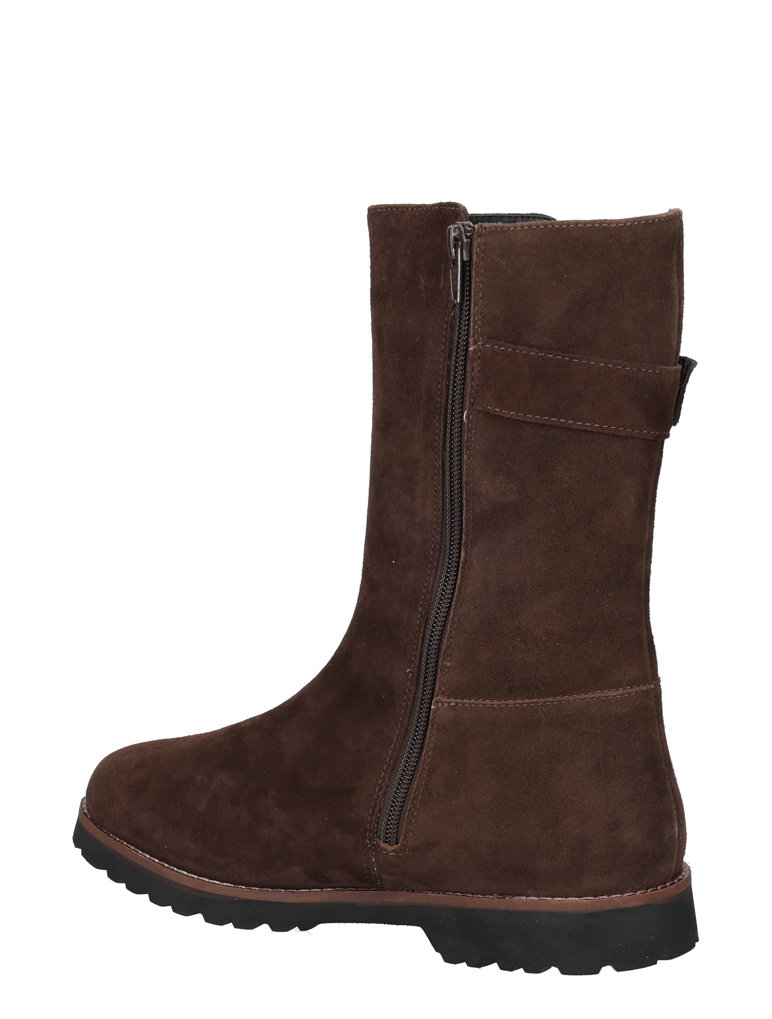 stoer boot, bruine suède, rits aanzicht, kuitlaars, luxe laars