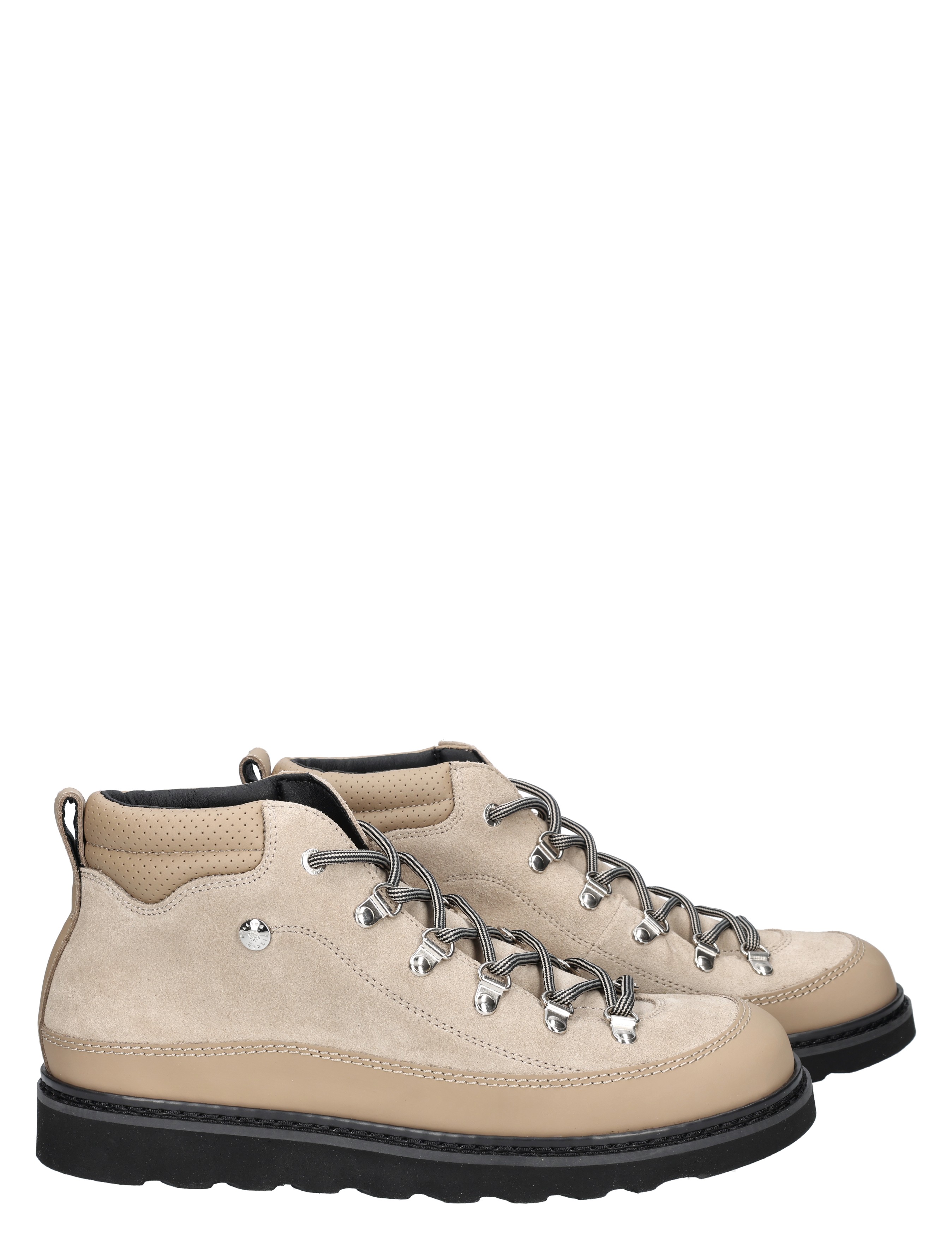 hiking boots, beige suede, lace-up, lug sole, ankle height