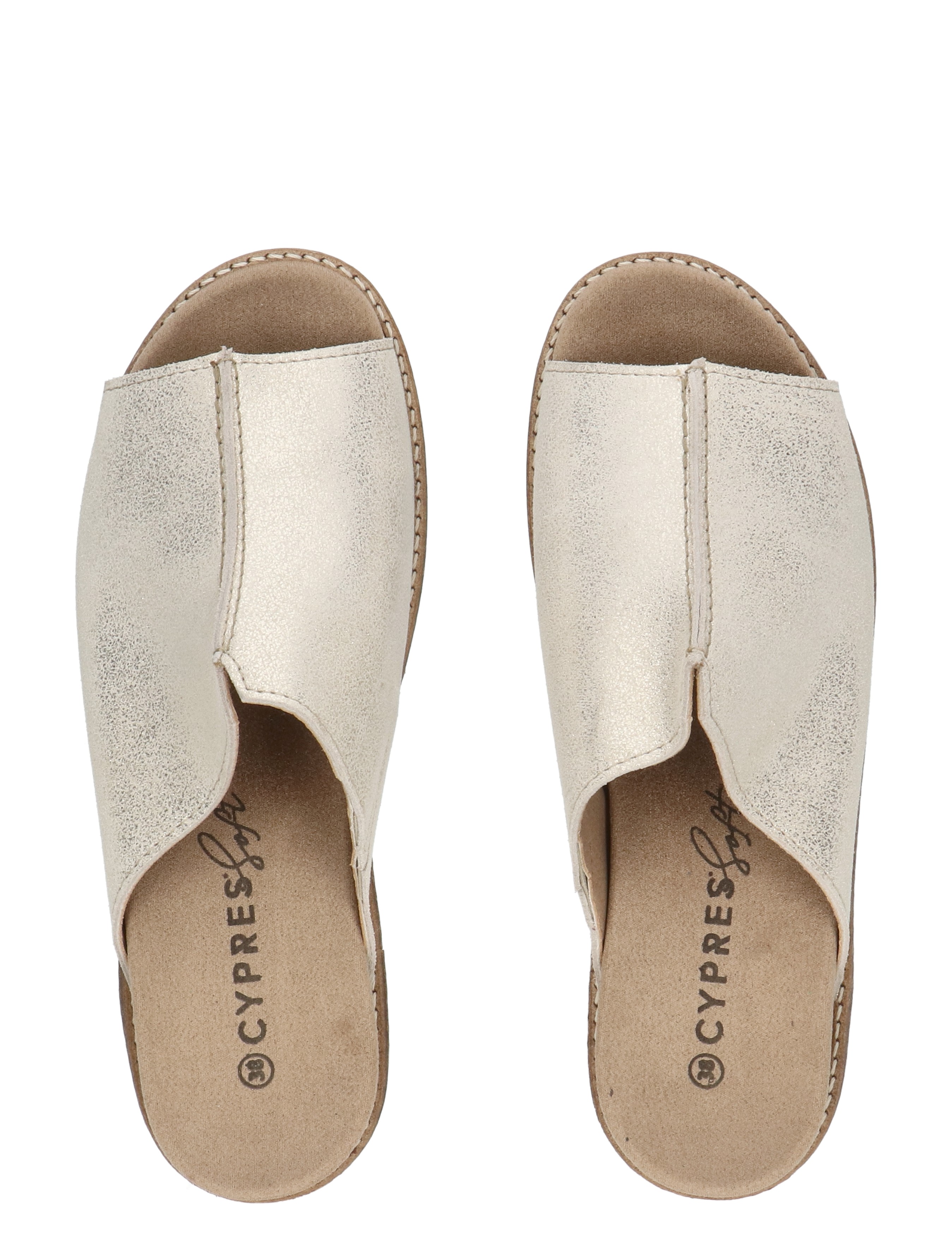 slippers, slides, gold, metallic, open-back