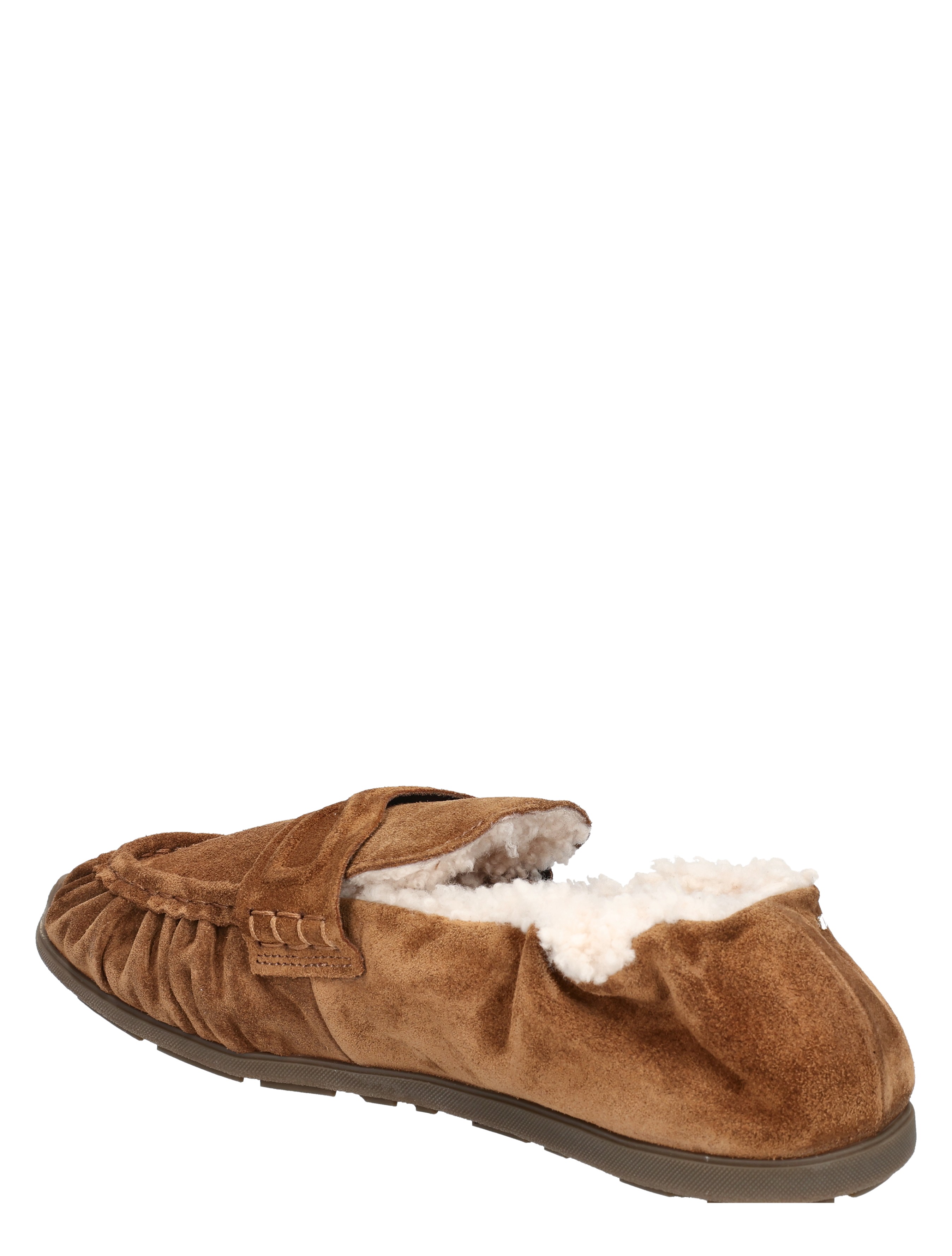 slipper, mocassin, bruine suède, fleecevoering, huispantoffel