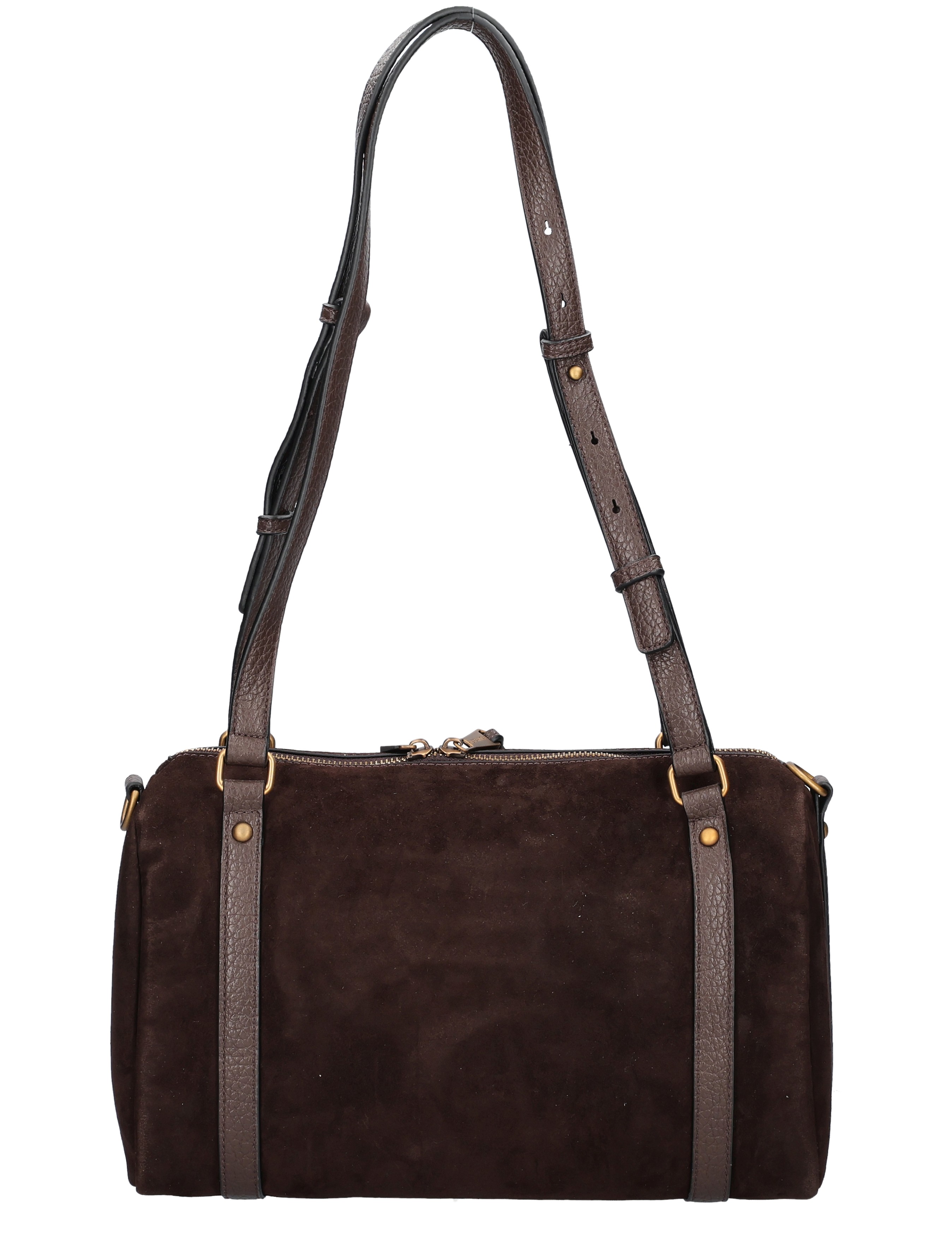 riemlang, bruine tas, schoudertas, suede, zachte stof, bruin leer, tassen met lange hengsels