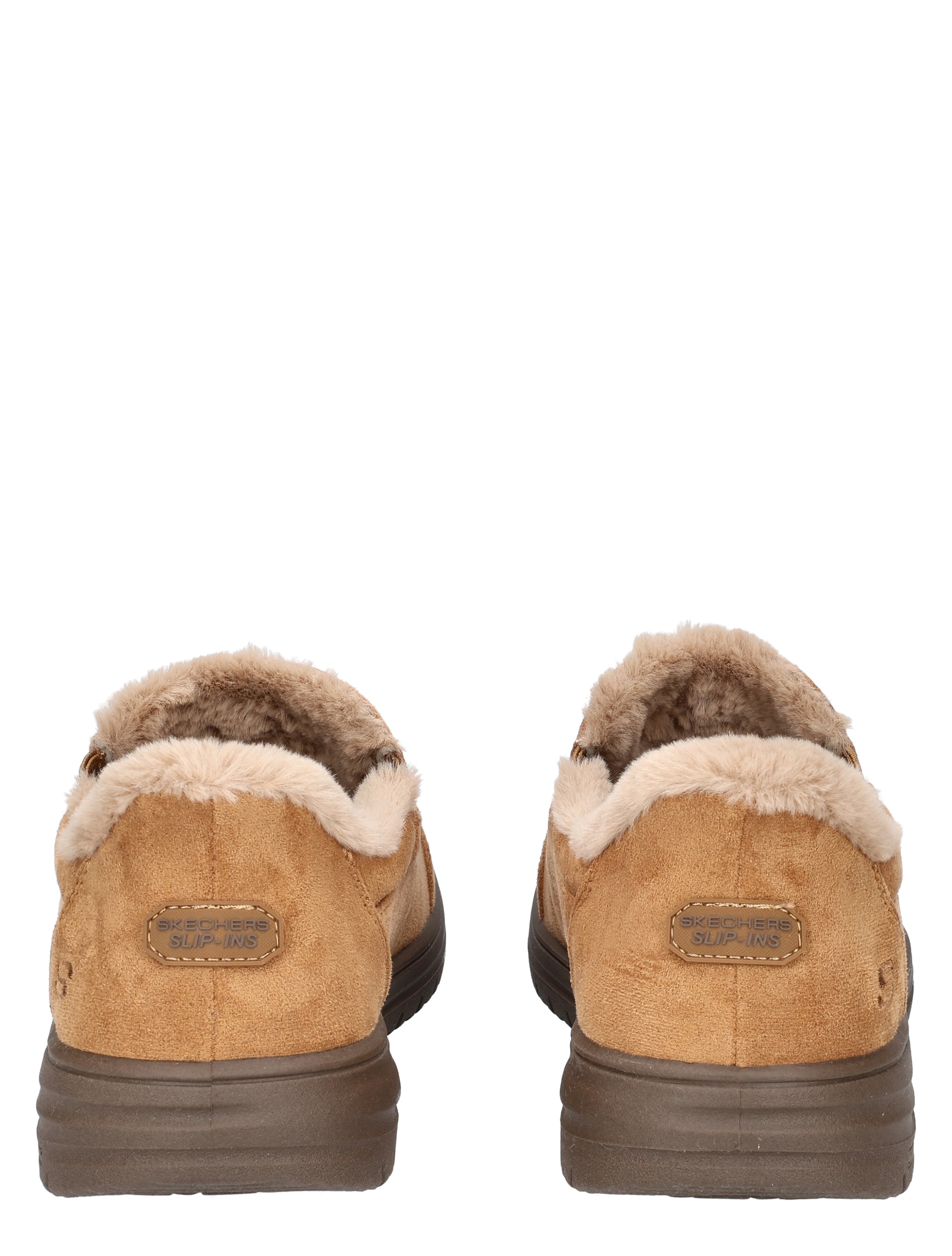 slip-ons, shearling, suede, tan, back view