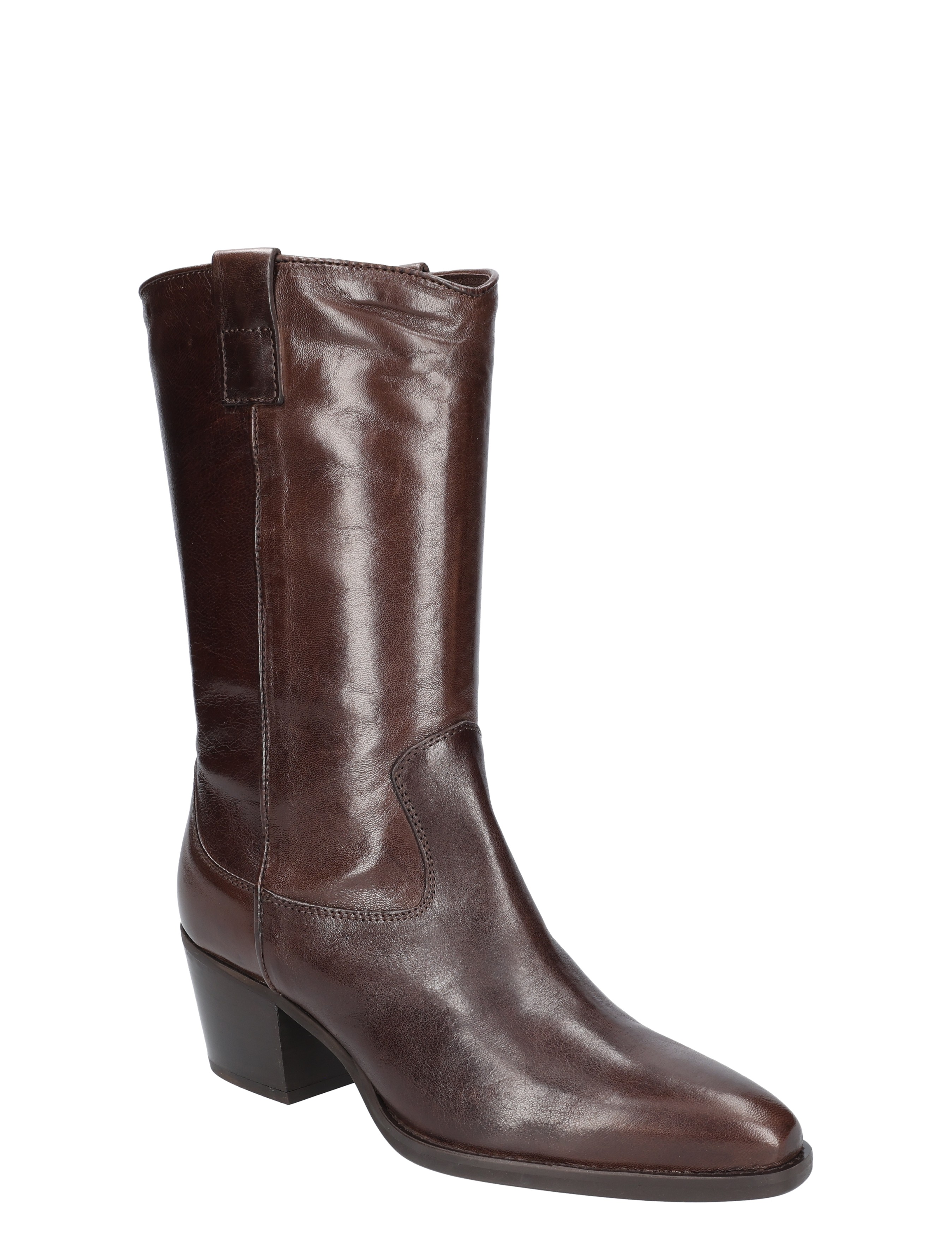 kniehoge laars, bruine leren laars, midhoge hak, elegante laars, laars met blokhak