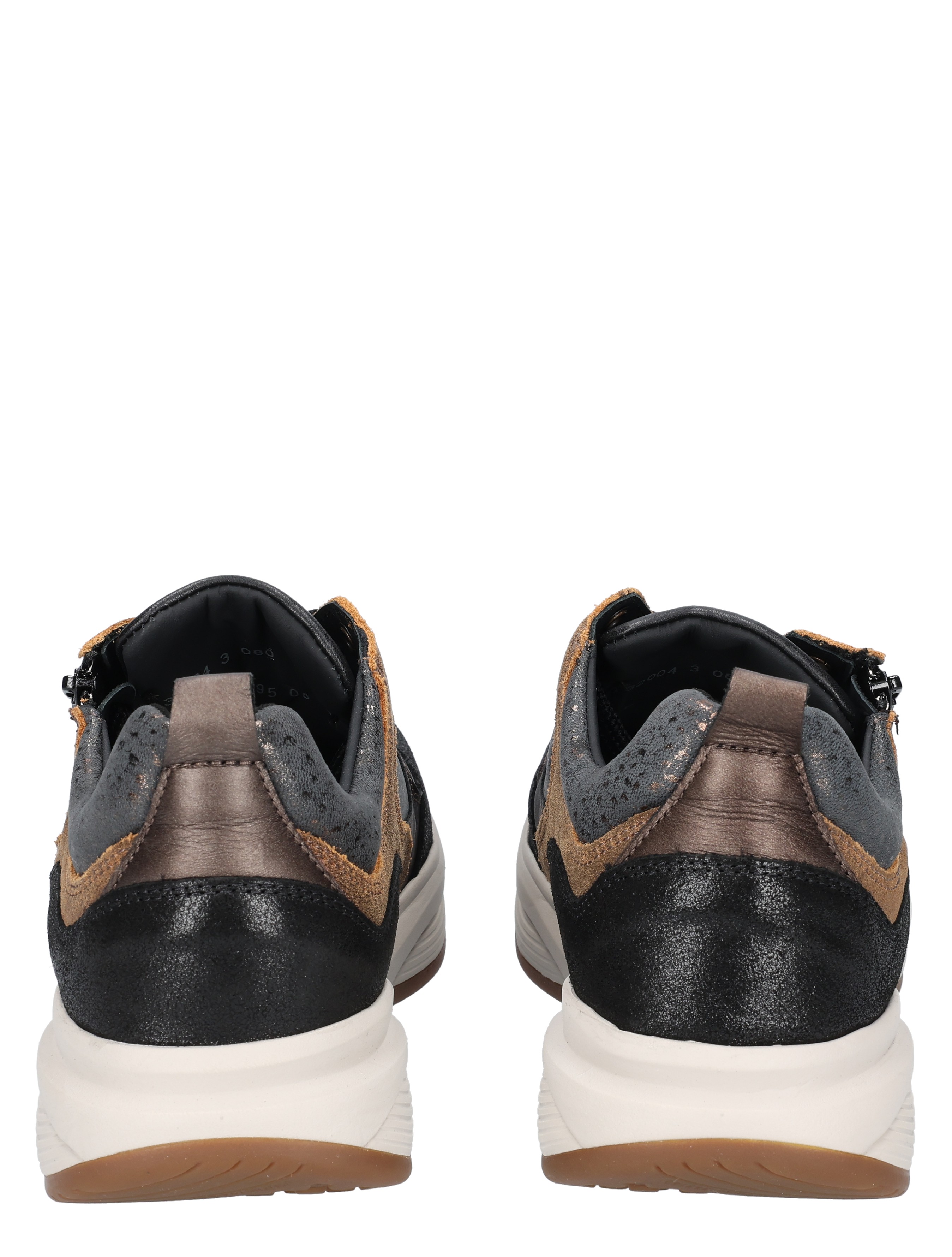 sneaker, zwarte hiel, bruine accenten, witte zool, leren/stoffen mix