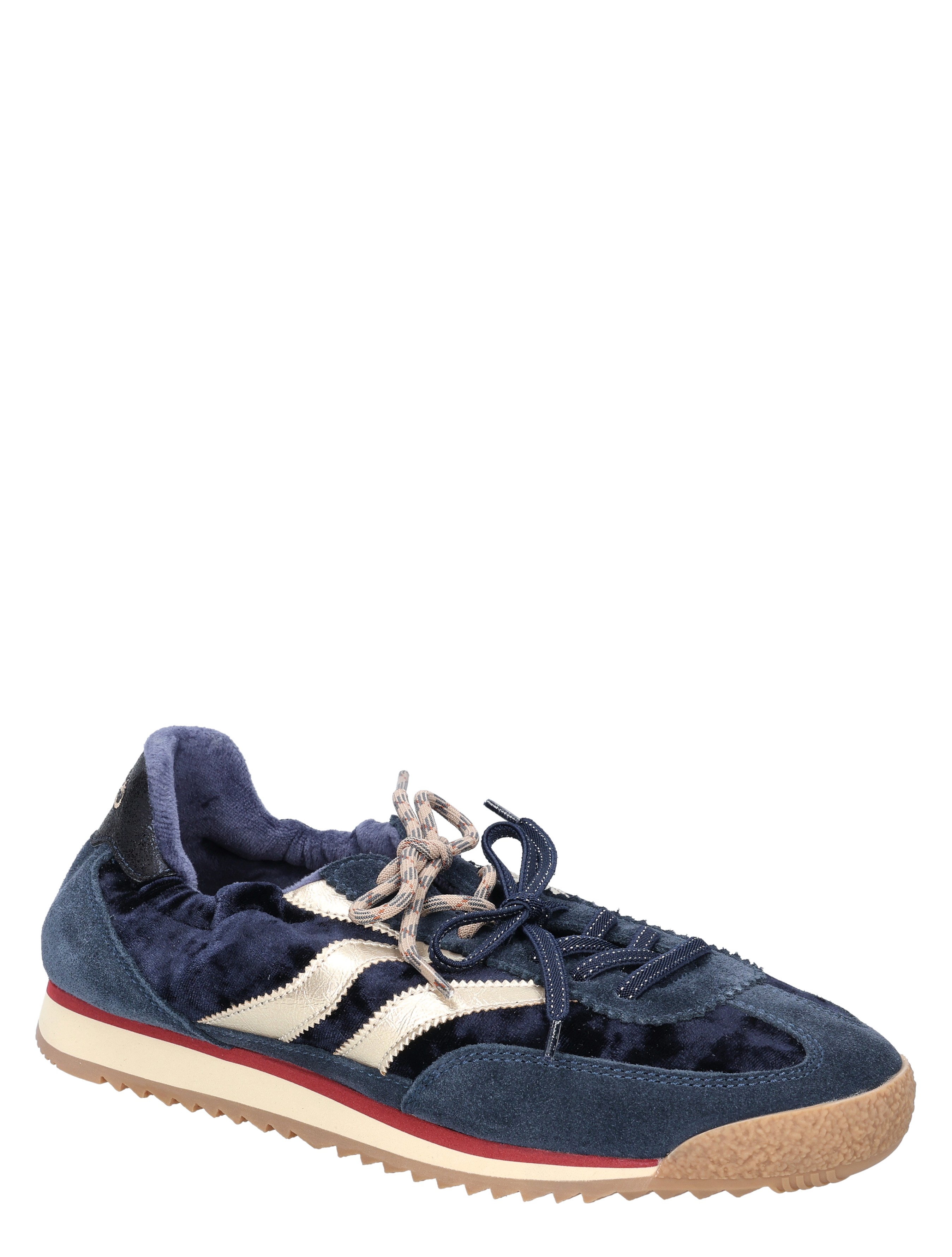 sneaker, velours, blauw, sportief, zachte zool