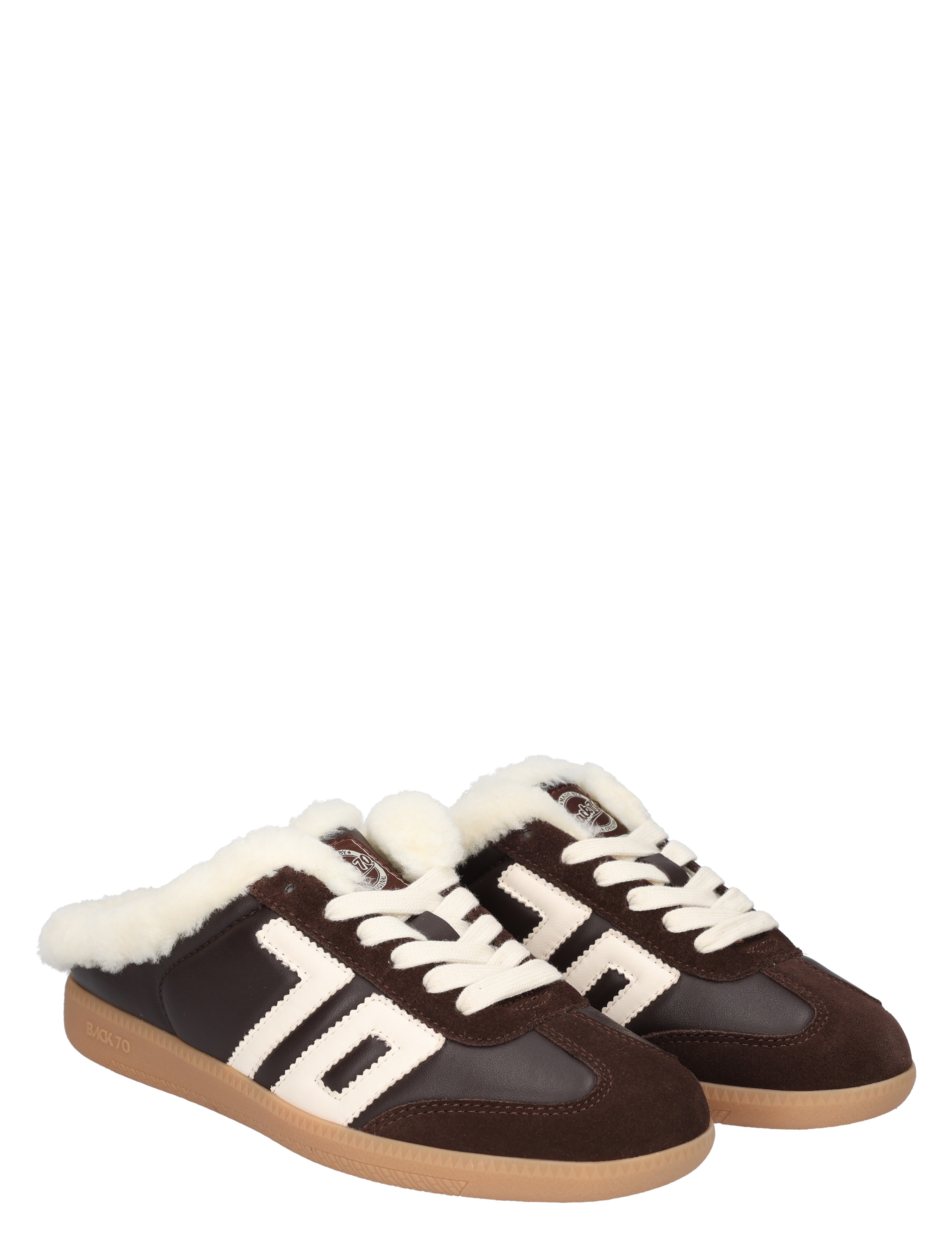 sneakers, wollige voering, bruin, witte strepen, rubberen zool