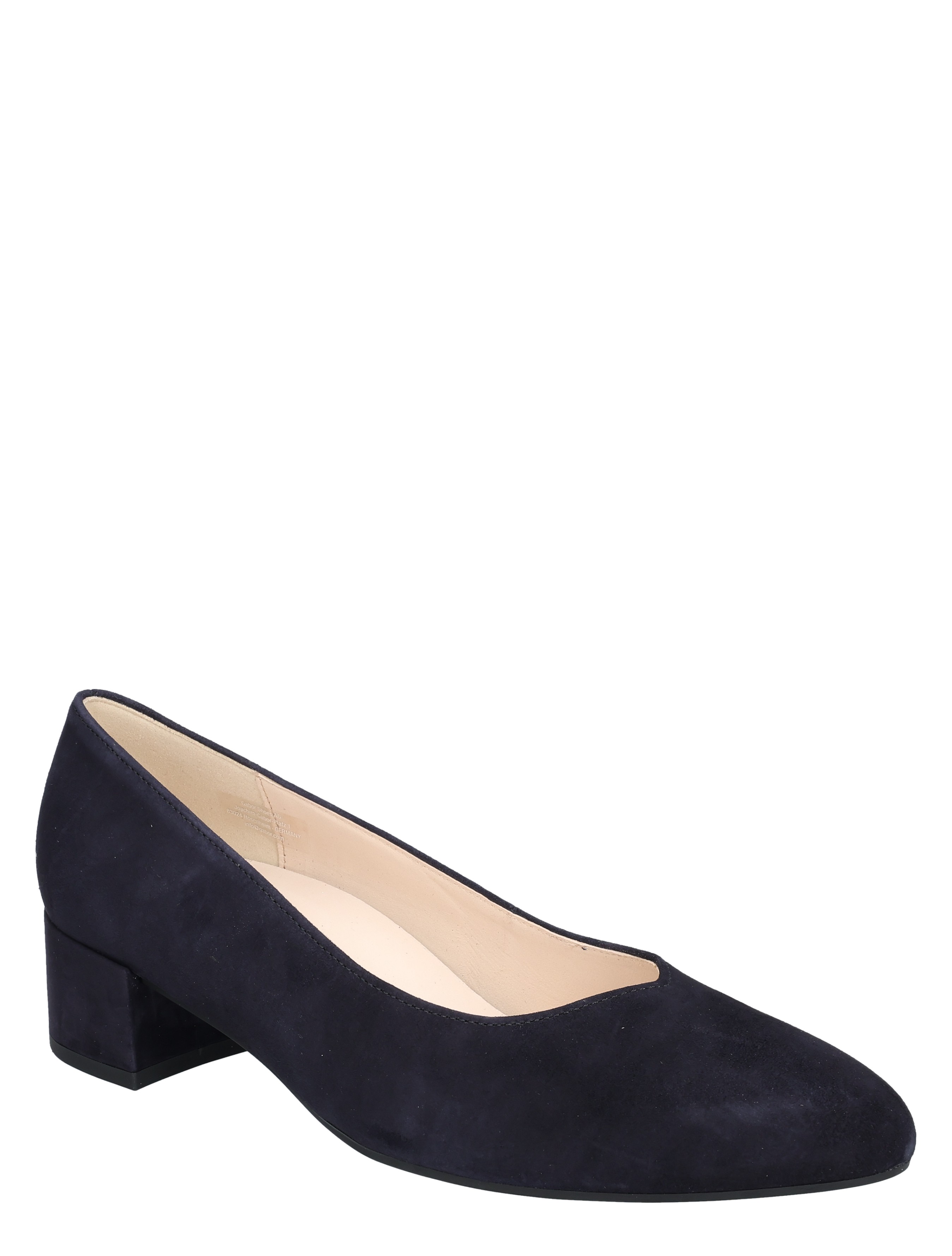 pump, nette schoen, diepe toon, neus rond, laag blokhak