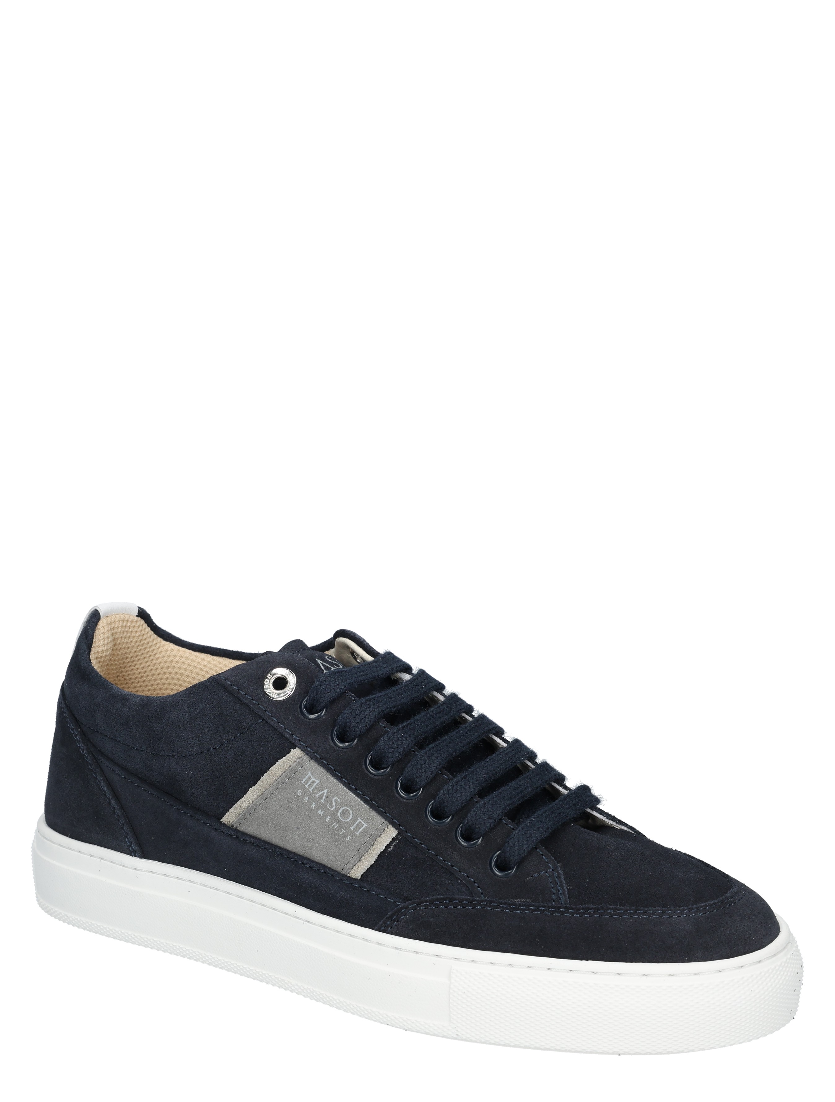 sneaker, navy, suede, veterschoen, witte zool
