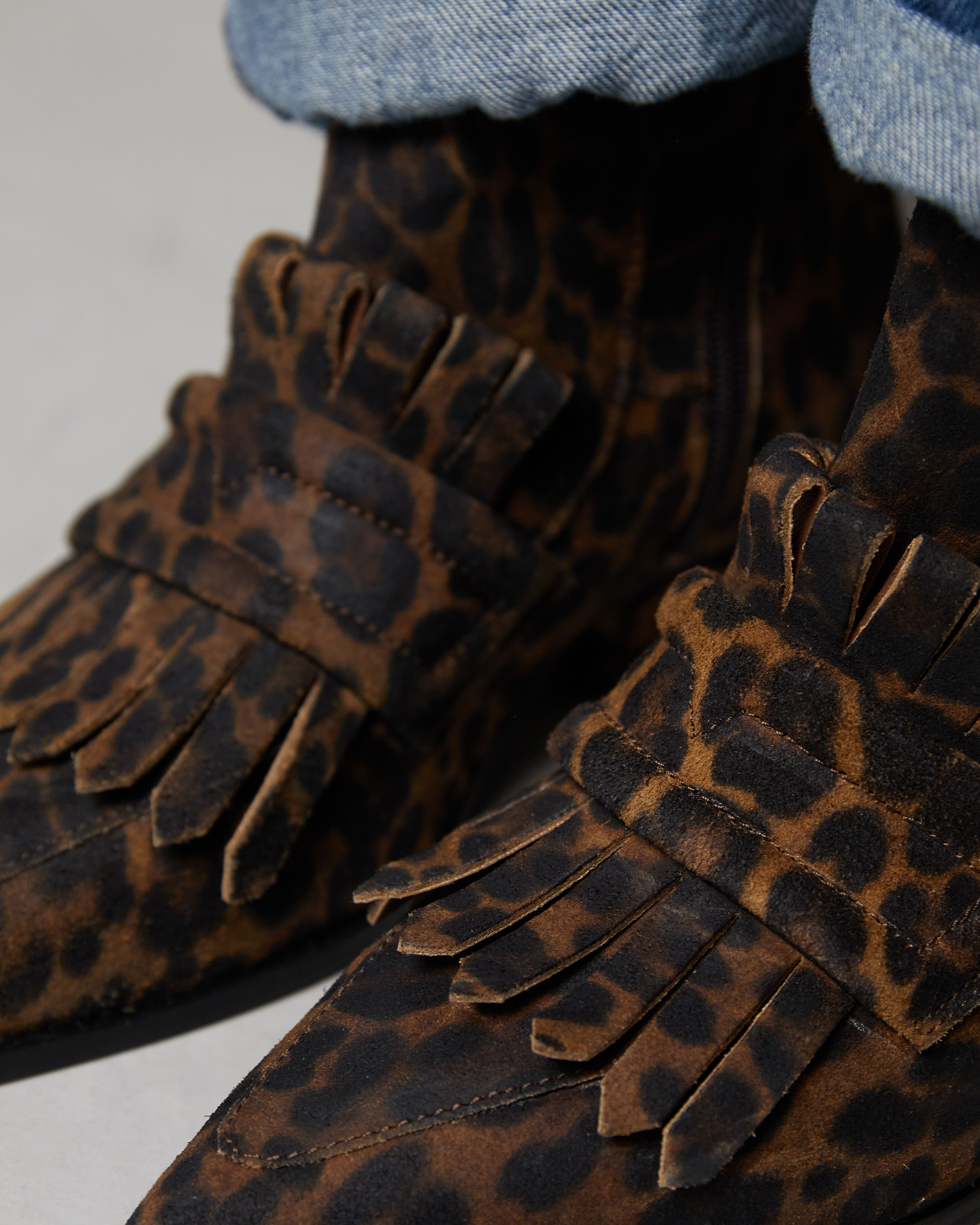 leopard print, ankle boots, fringe detail, suede, brown black