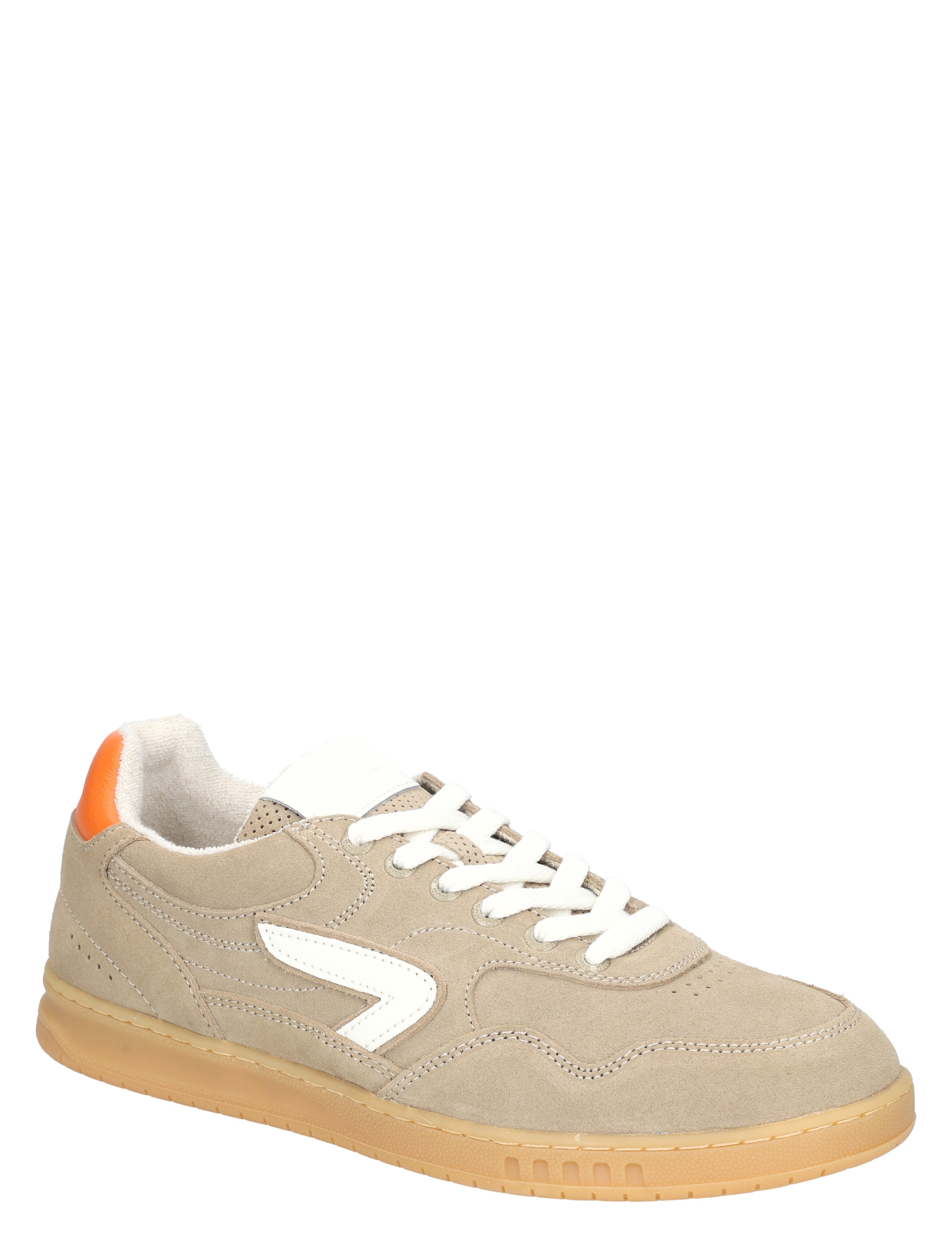 sneaker, beige, suede, witte-accent, gum-zool