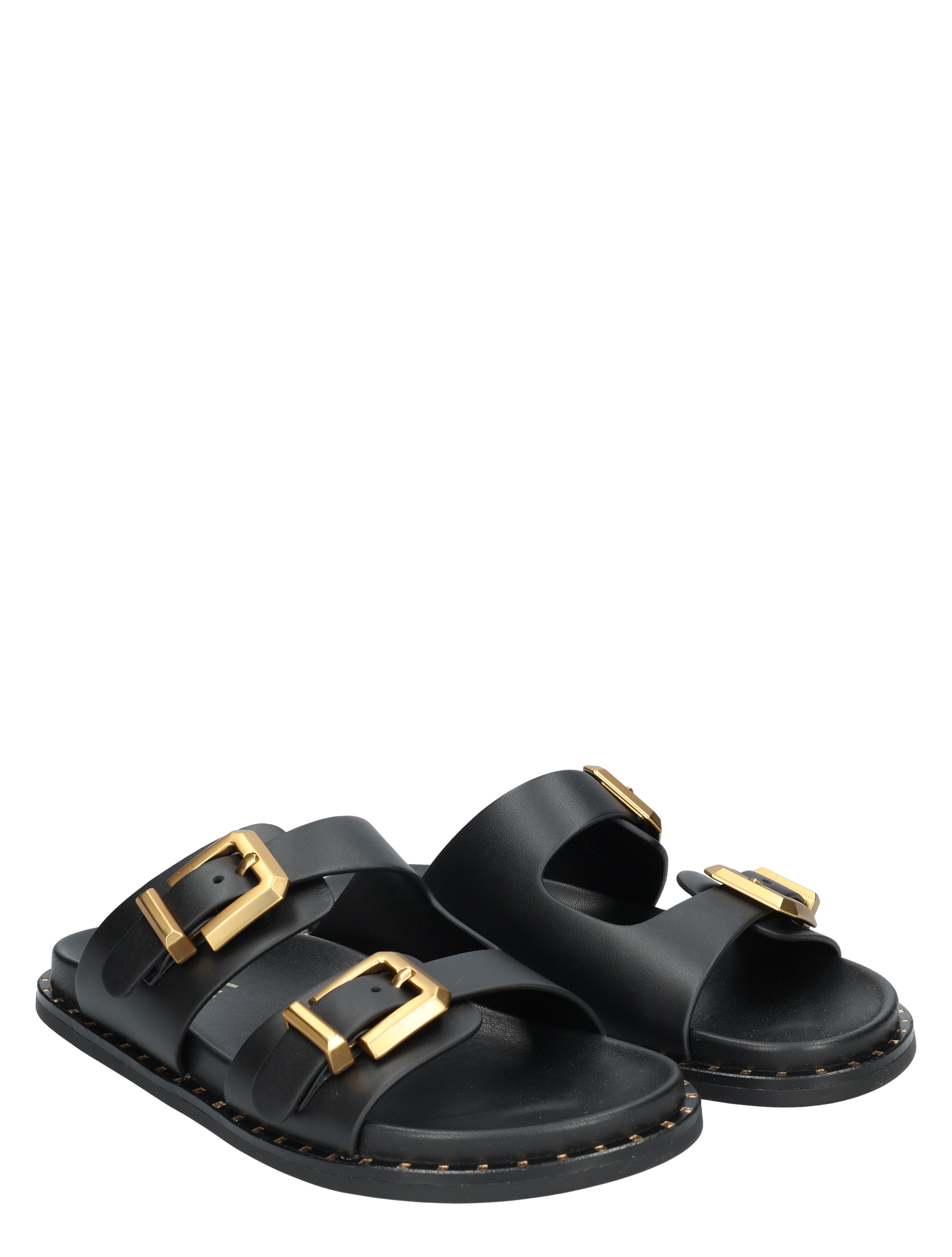 sandalen, zwarte leren, drieband, goudkleurige gesp, open teen