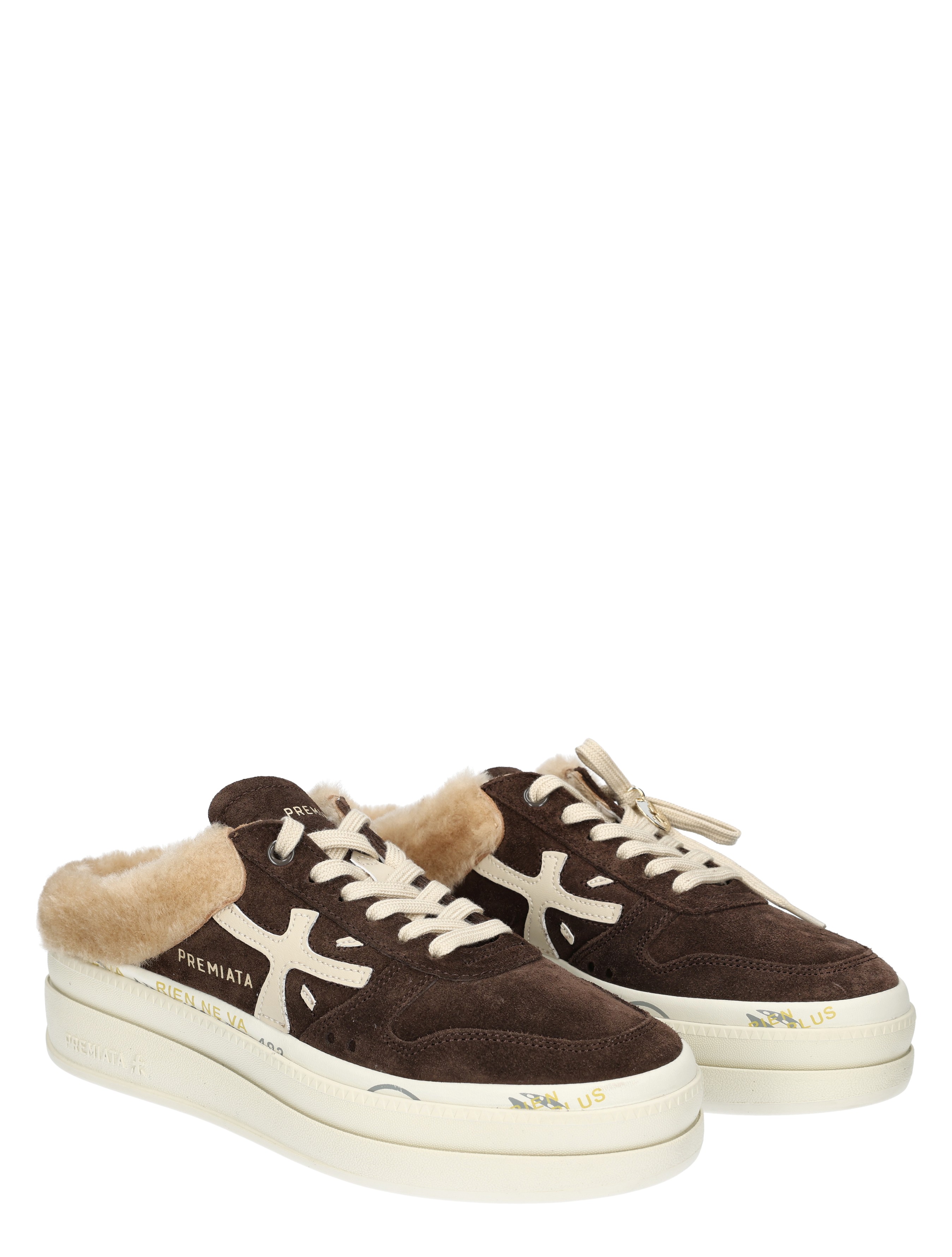 sneakers, bruine kleur, neon suède, vachtkraag, witte zool