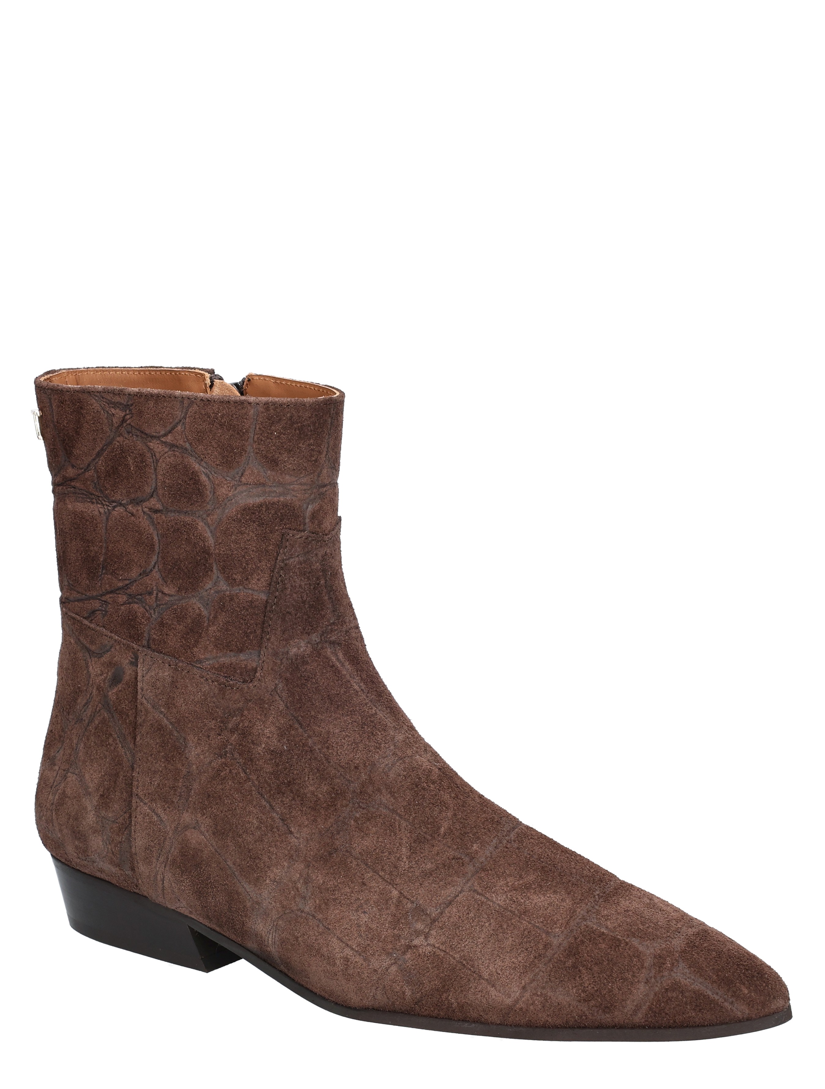 laarzen, bruine suède, ankleboot, hakblok, textuur patroon