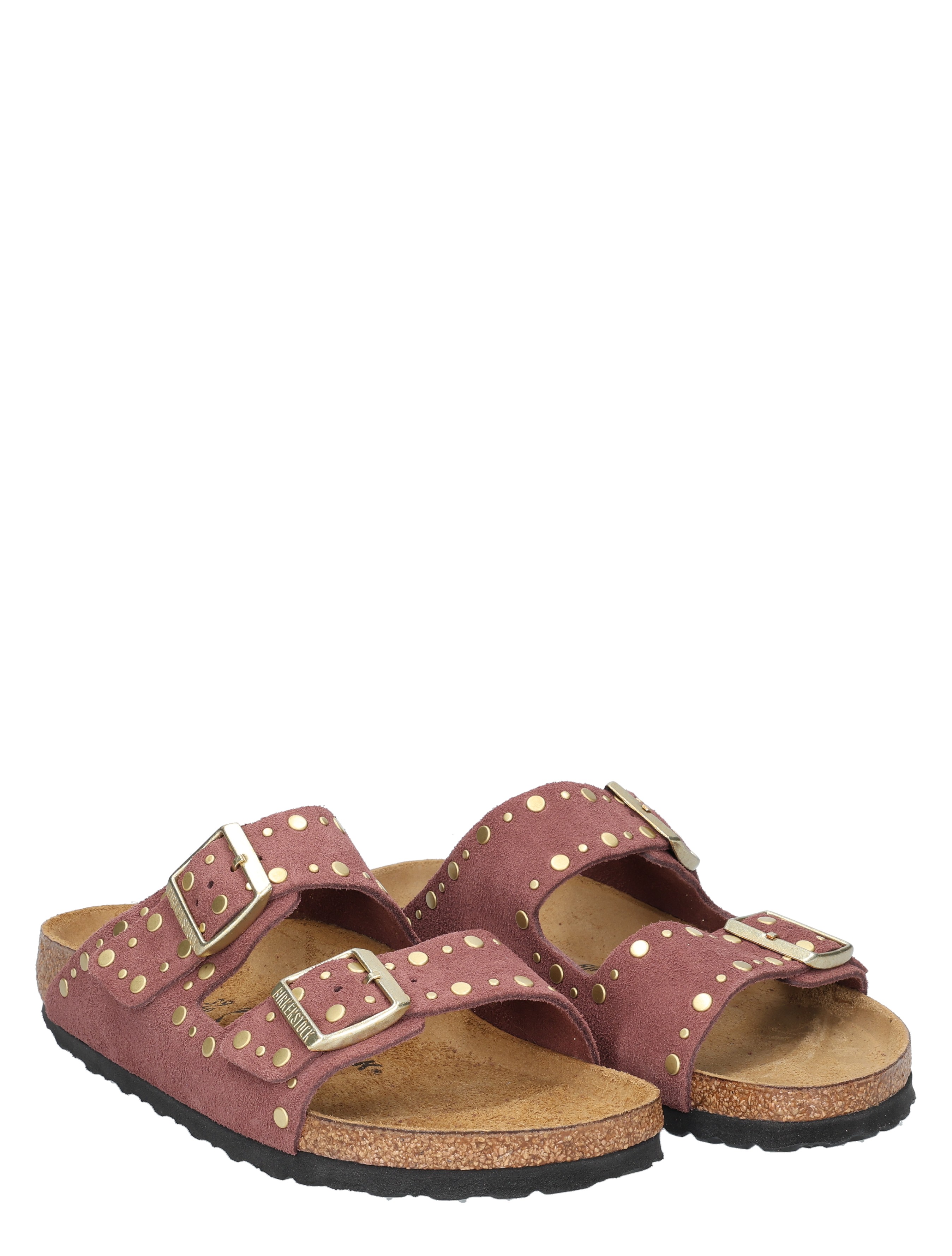 sandal, twee gesp, suede, stud, korkzool