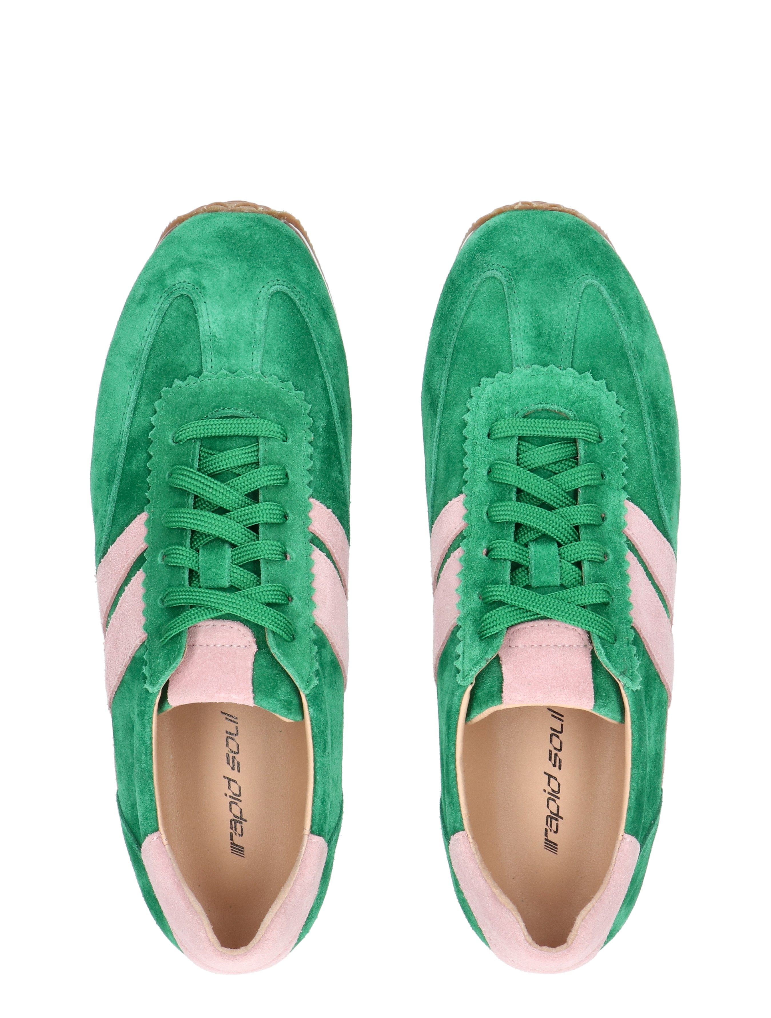 sneakers, suede, groen, roze accenten, veters