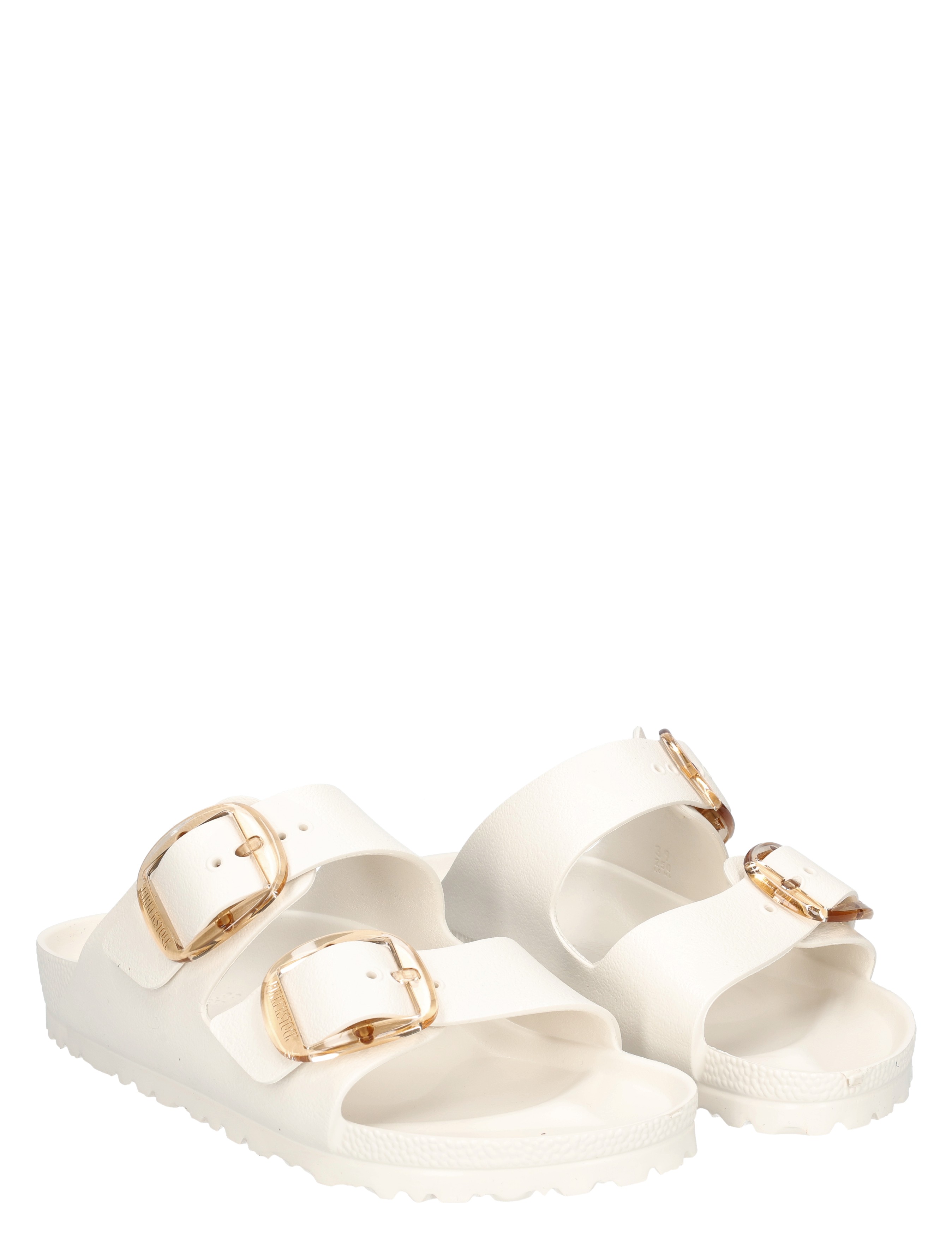 witte sandalen, dubbele band, riempjes, goudkleurige gesp, rubberen zool