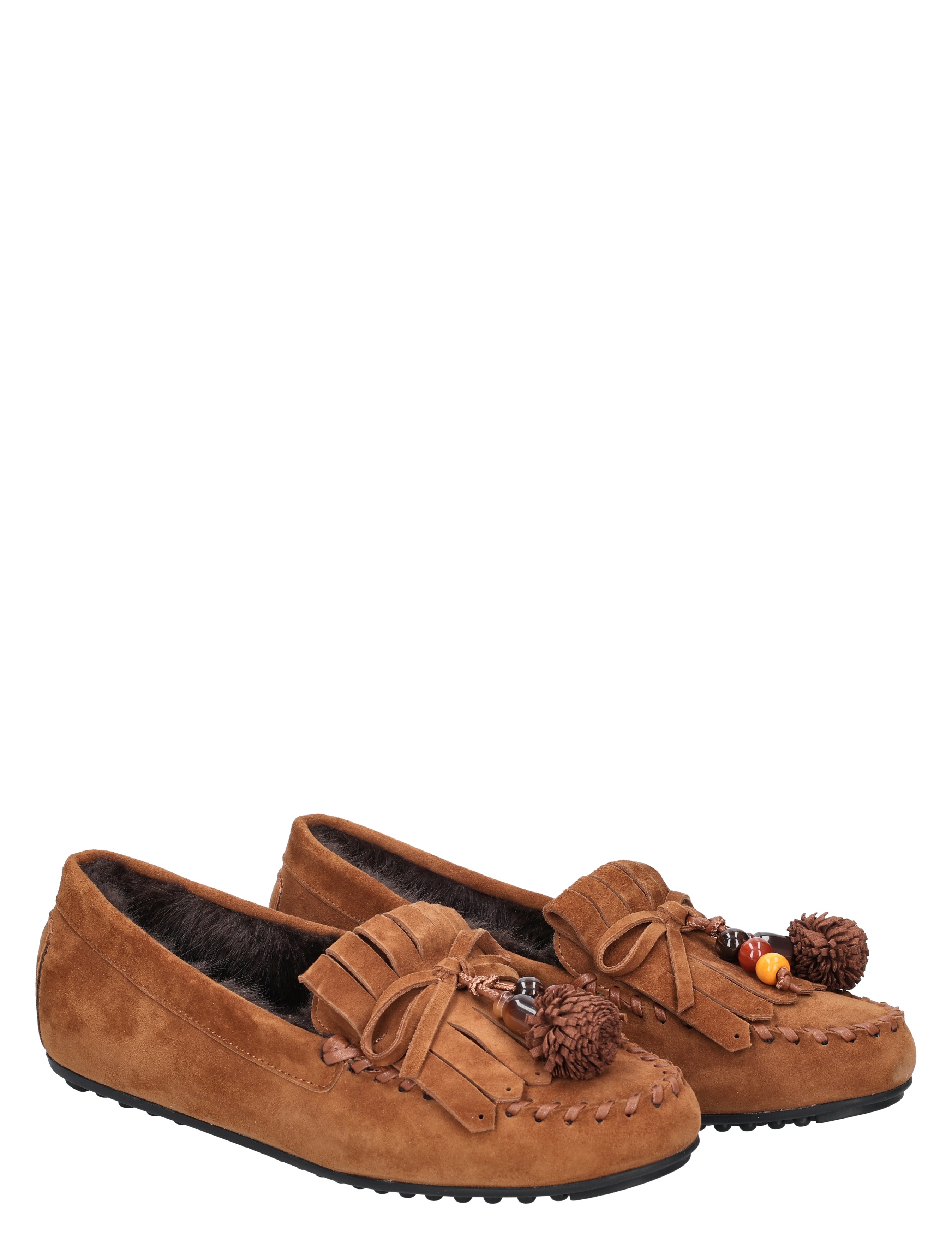 lamsveters loafer, suède mocassin, bruine kleur, pluche voering, pompon accessoires