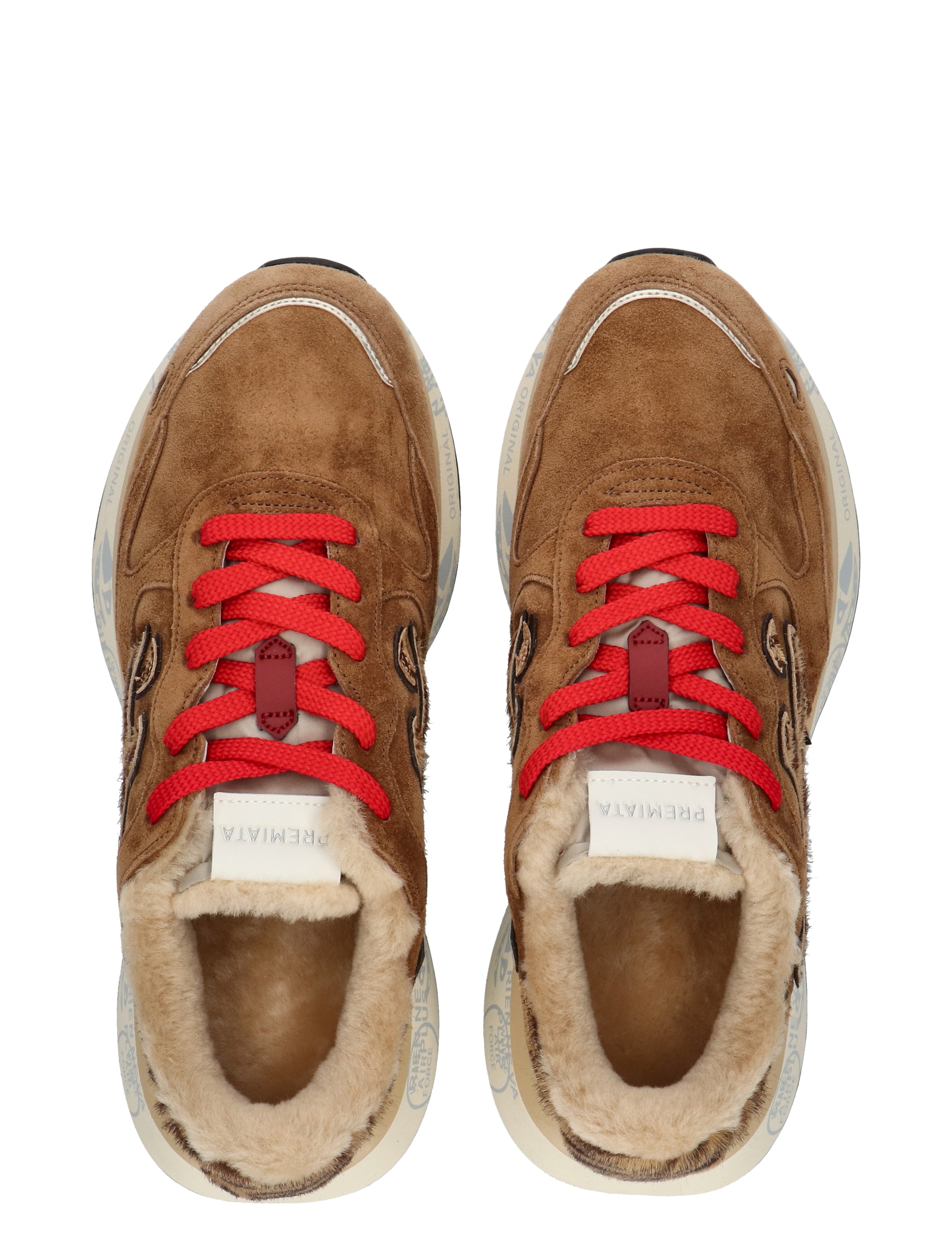 iler, sneakers, bruin suède, rode veters, fleece voering