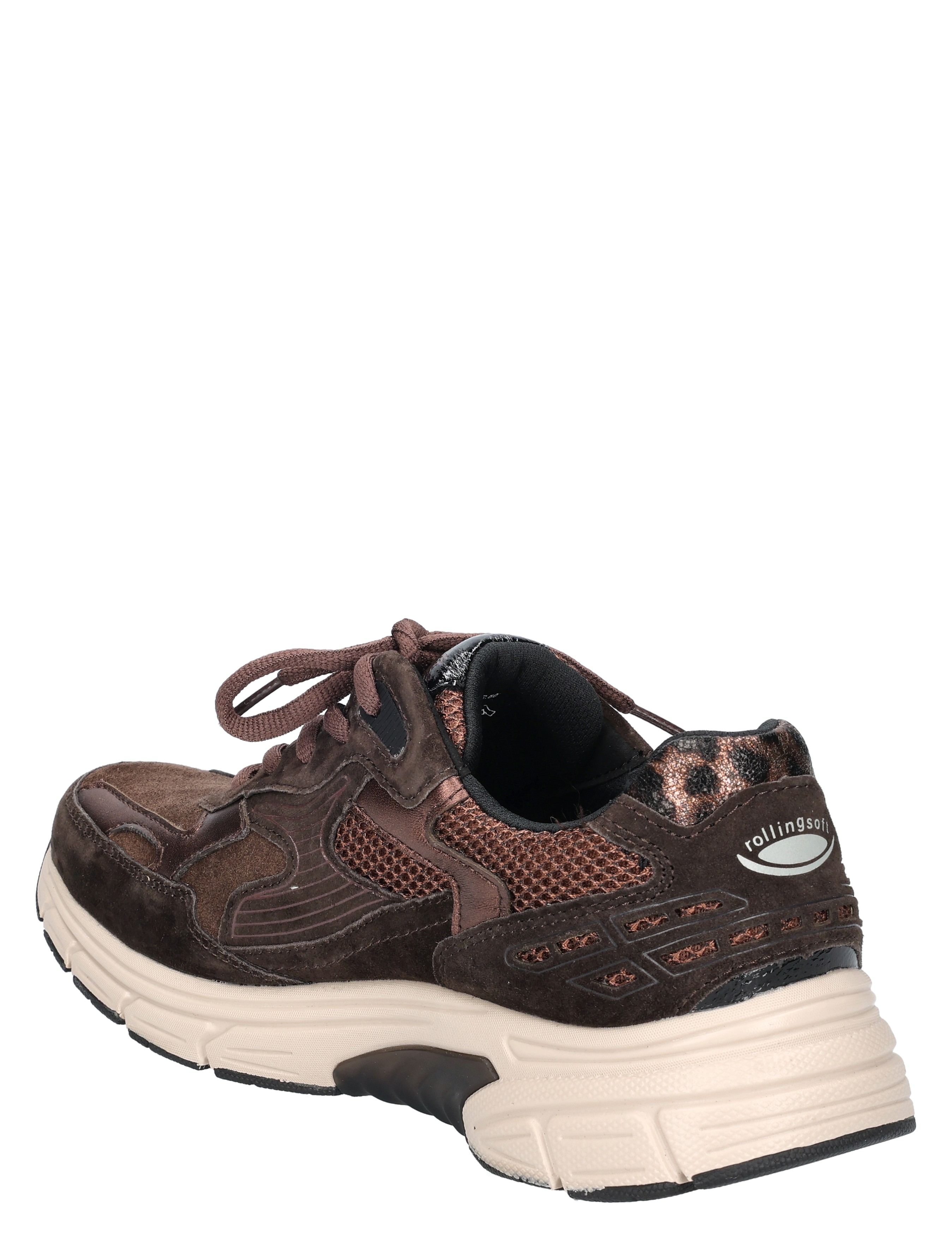sneaker, bruine schoen, mesh materiaal, witte zool, run-ner/runner, warme tinten