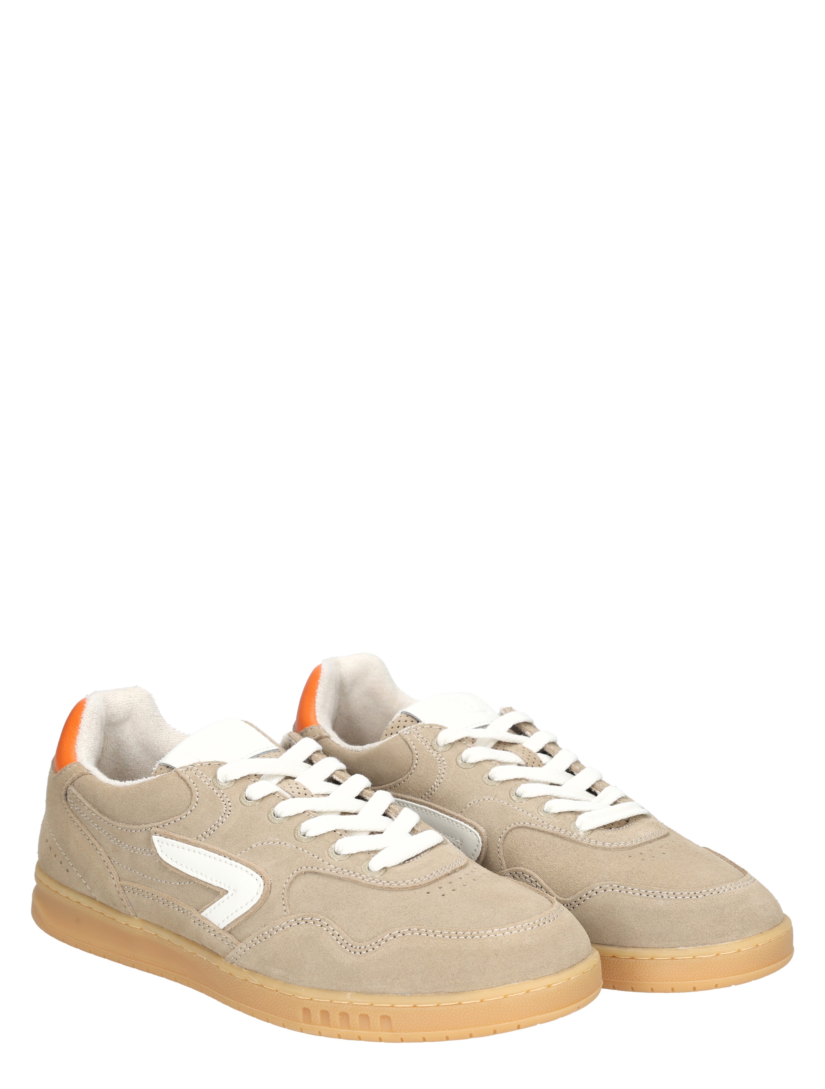 sneakers, beige, suede, witte accenten, gumzool