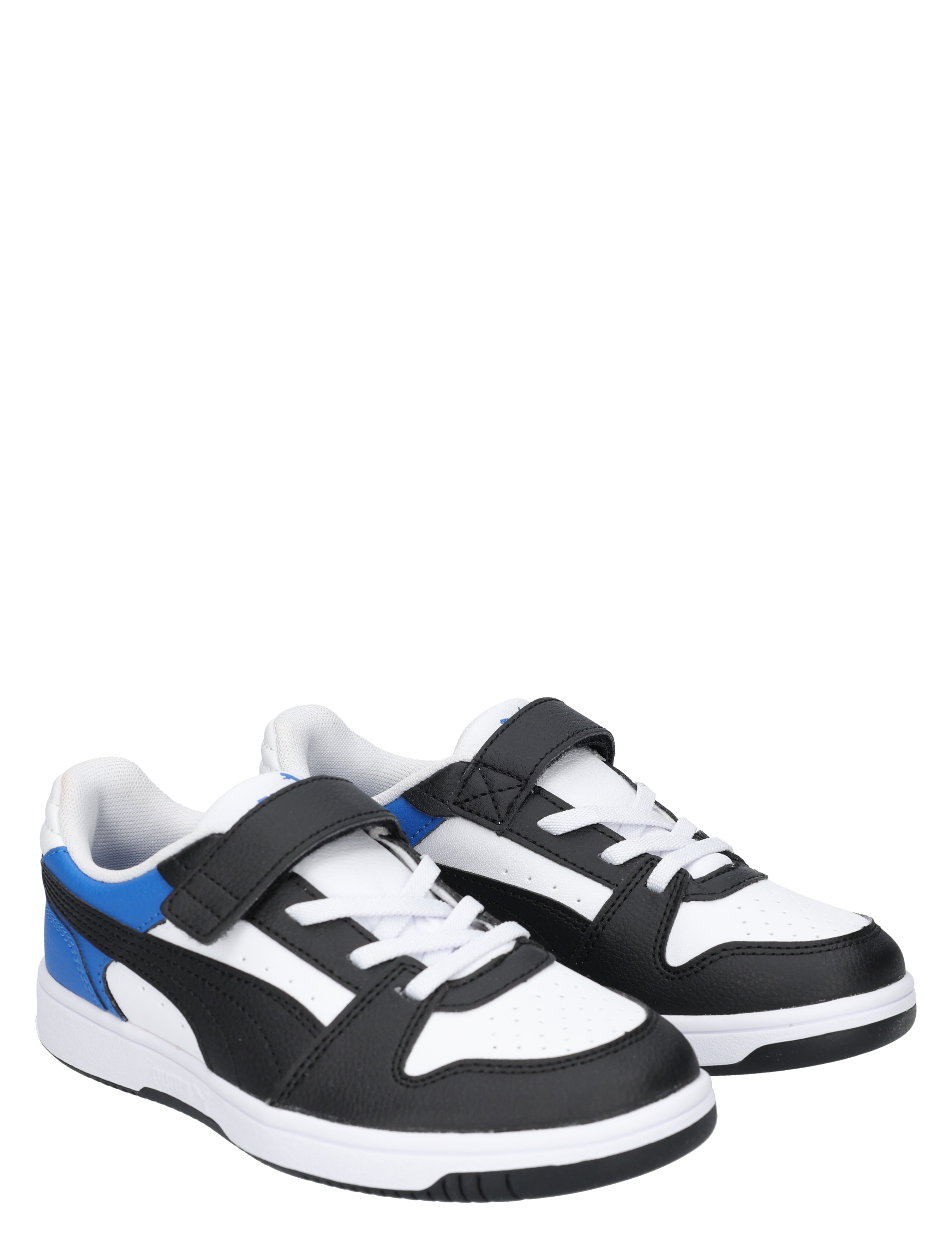 sneakers, witte schoenen, zwarte overlays, blauwe accenten, veter/slip-on sluiting